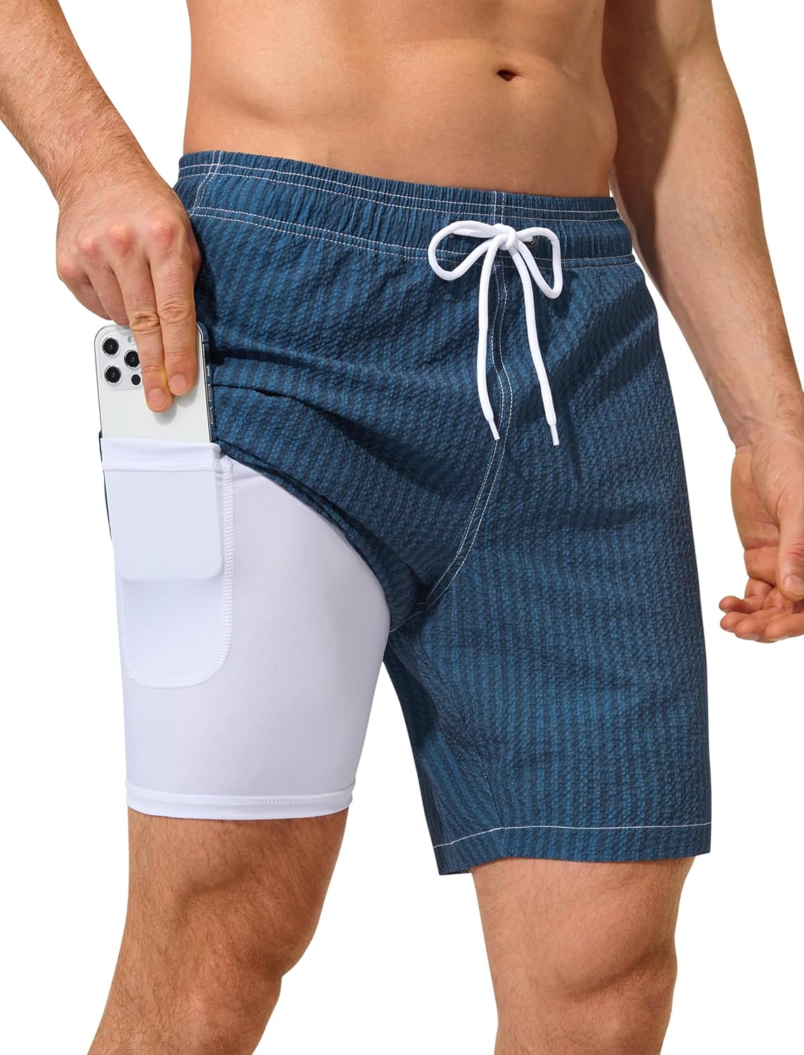 SILKWORLD Mens Swim Trunks with Compression Liner 2 in 1 Board Shorts Quick Dry Bathing Suit 7 inch Seesucker Beach Shorts