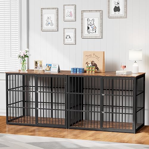 Lyromix 94.48'' Mueble de jaula para perros de raza grande con soporte para TV de dos habitaciones, mesa auxiliar de jaula para perros de madera con