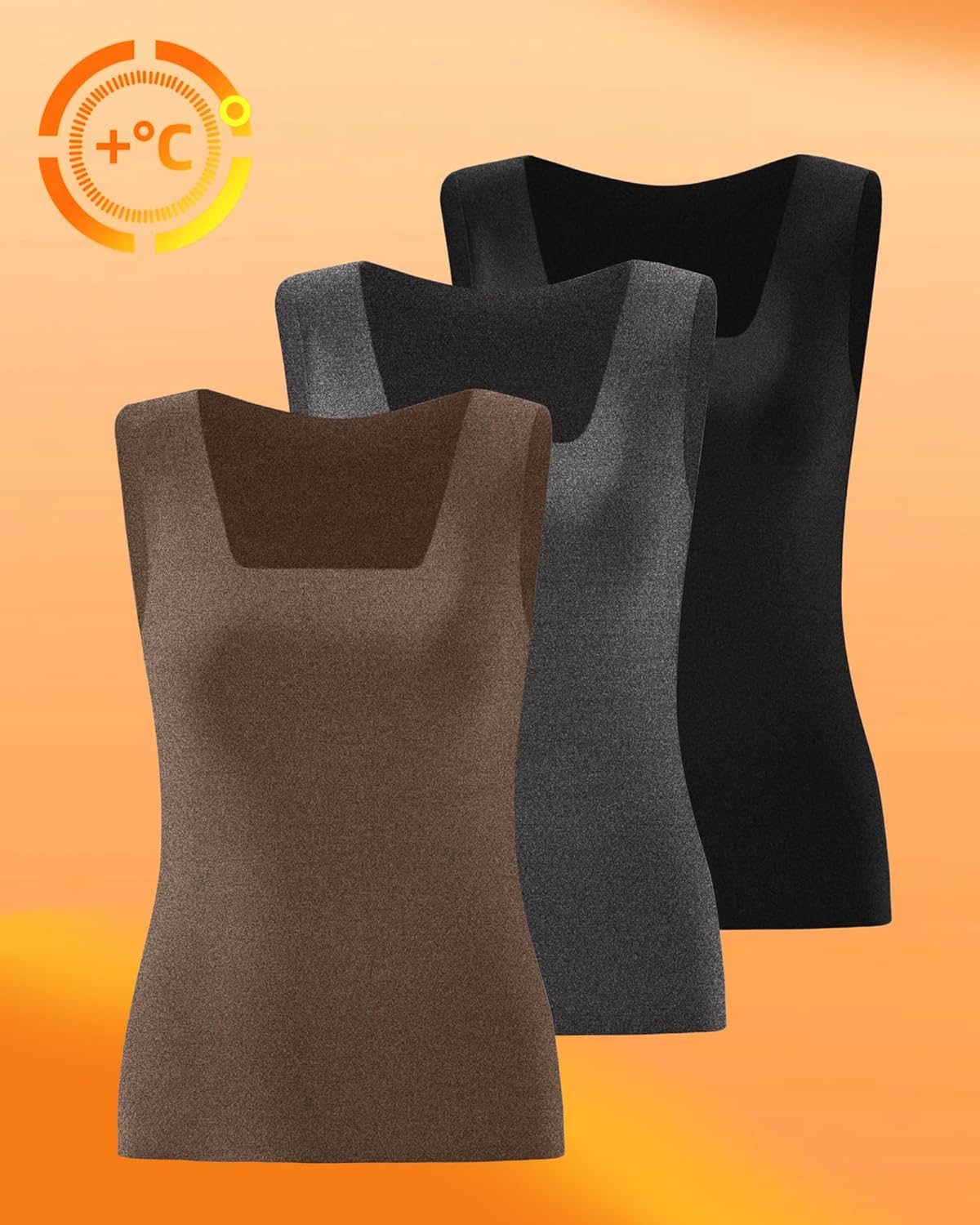 3 Pack Women's Thermal Tank Tops, Fleece Lined Square Neck Underwear Tops Sleeveless Warm Camisole Base Layer Vest(Black, Dark Gray, Warm Brown,X-Large) - Image 3