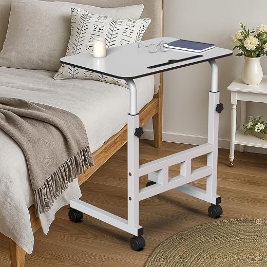 Amazon Brand - Umi Wooden Multipurpose Adjustable Height Adjustable Rolling Side Table with Wheels for Home, Study, Office...
