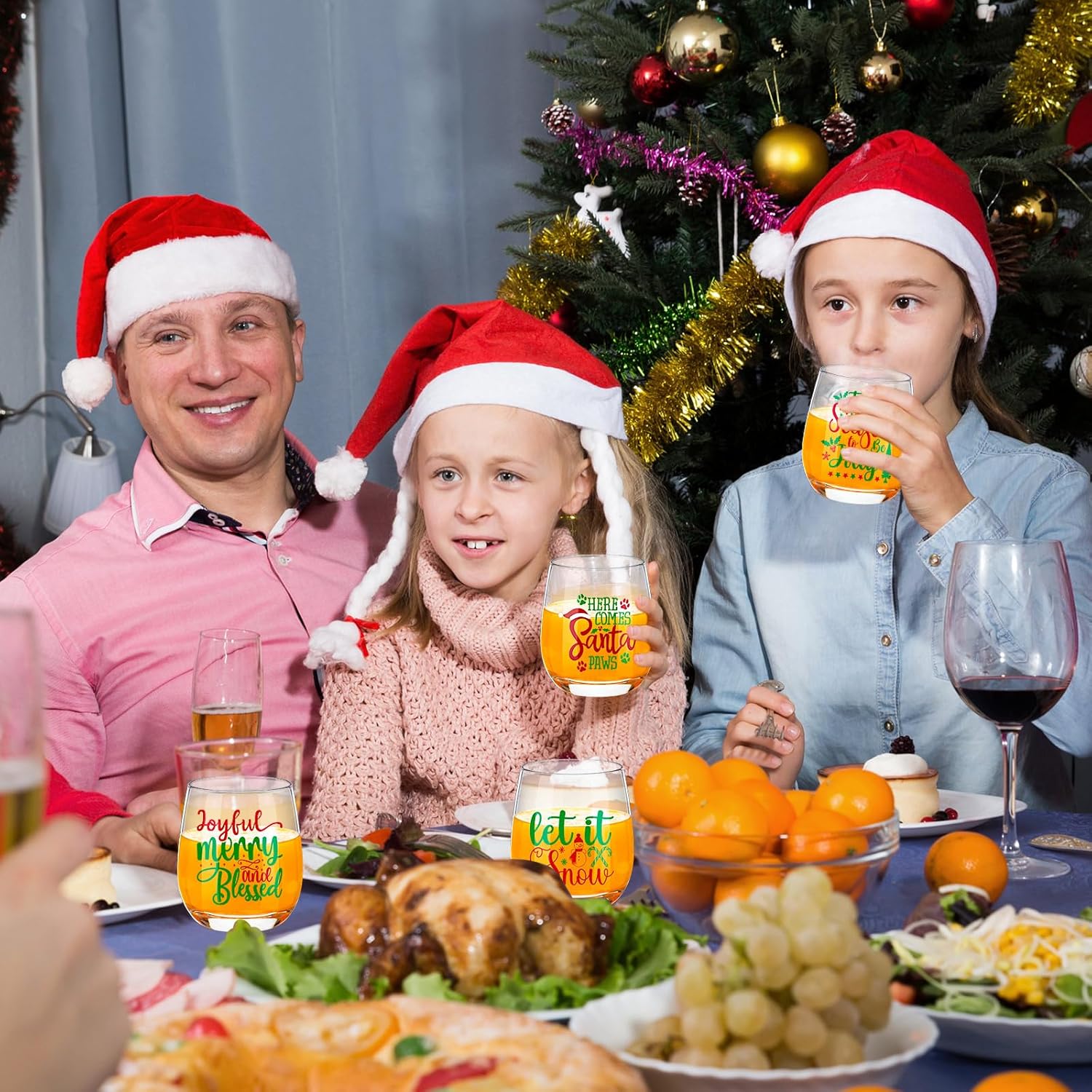 Zhehao 12 Pcs Christmas Drinking Glasses 12oz, Santa Drinking Glass Set with Let It Snow, Merry Christmas & Holiday Quote Designs, Stemless Xmas Wine Cups for Festive Parties and Gift Favors - Image 4