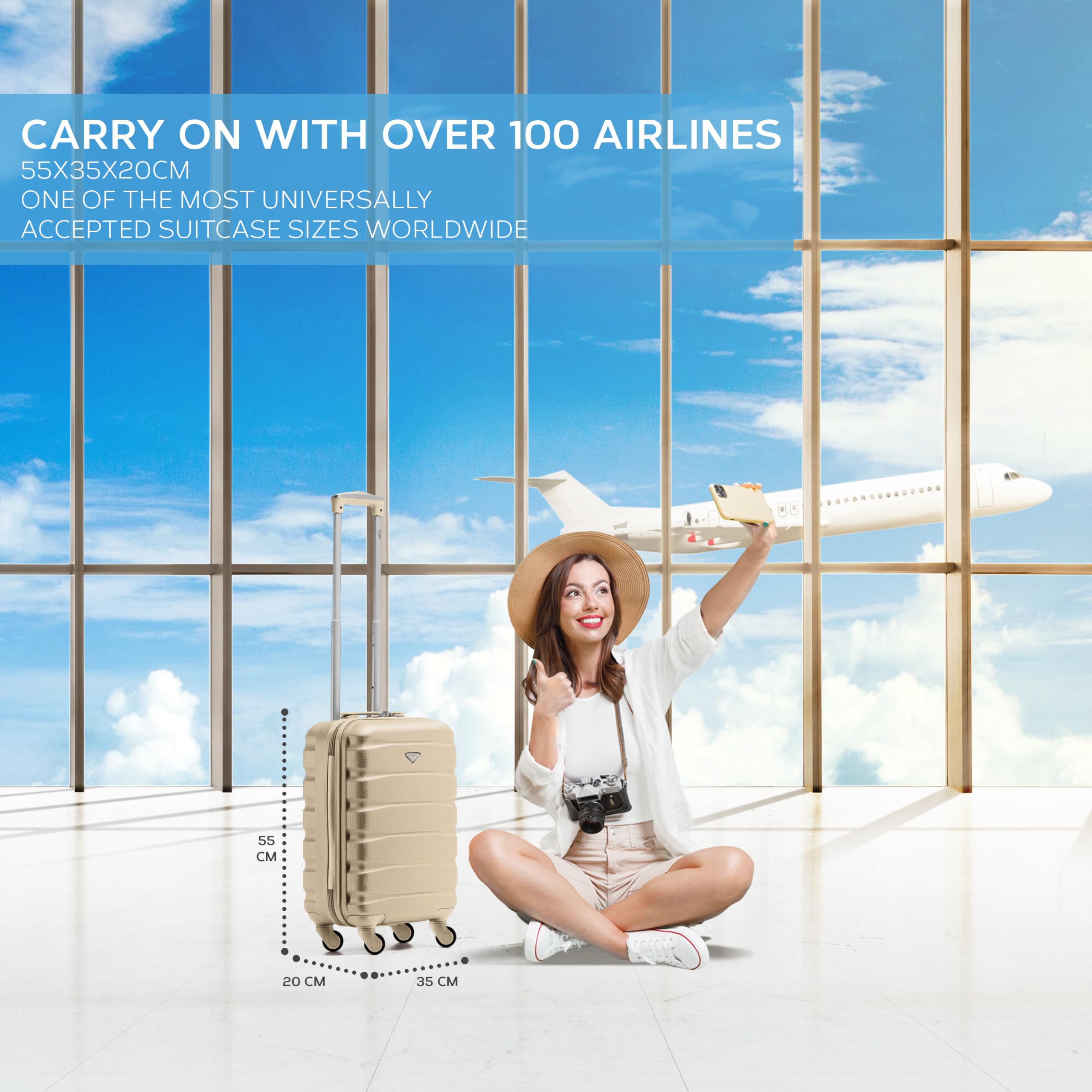 Flight Knight Cabin Suitcase 55x35x20, Lightweight Carry On Bag for Over 100 Airlines- Ryanair, EasyJet, British Airways, Virgin Atlantic - Small Durable Hand Luggage, ABS Hard Shell- TSA Lock
