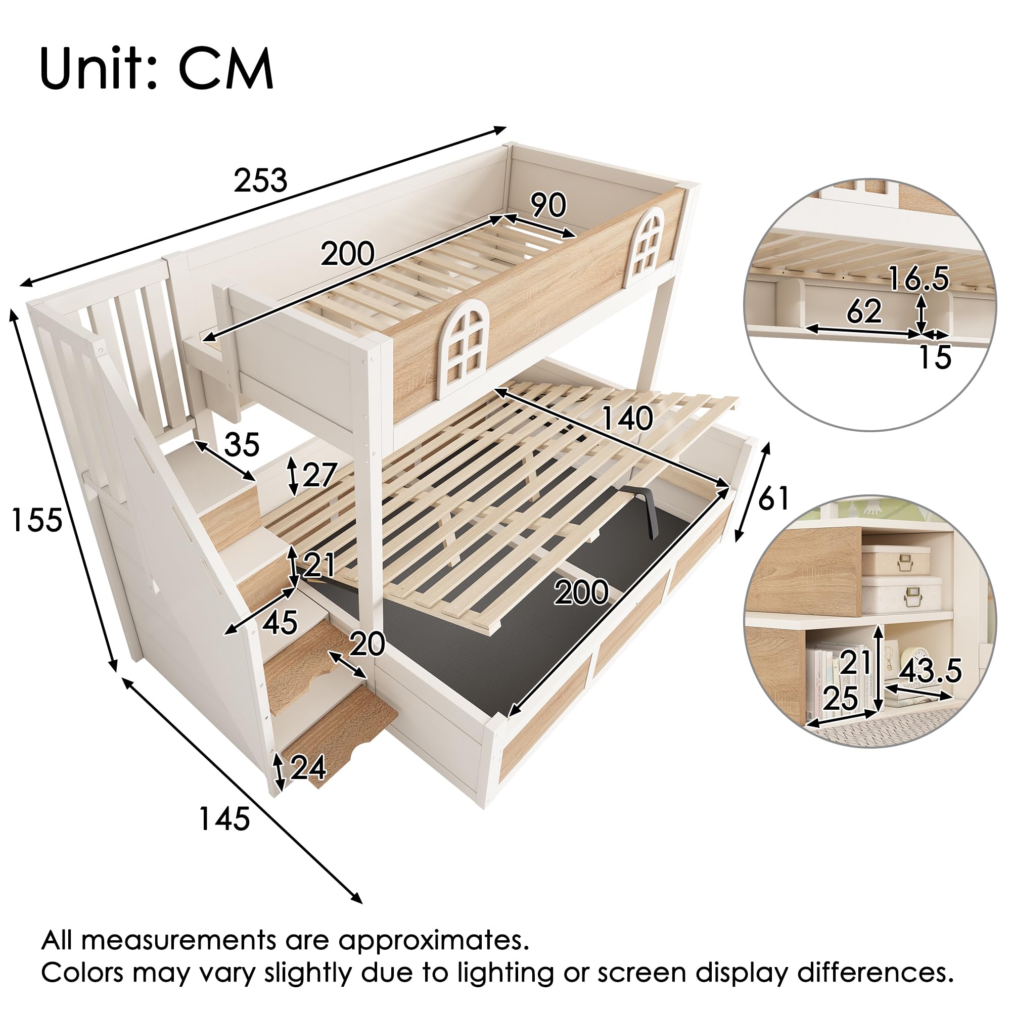 Litera infantil de 90/140 x 200 cm con armario para escaleras, litera inferior con cajón, rejilla de seguridad y somier, efecto cabaña, ahorra espacio para varios niños, color blanco +