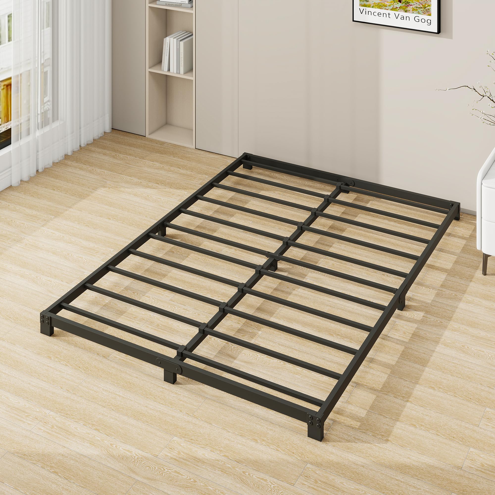 3 inch bed frame full size low profile, full heavy duty platform bed frame no box spring needed, easy assembly, noise free, black