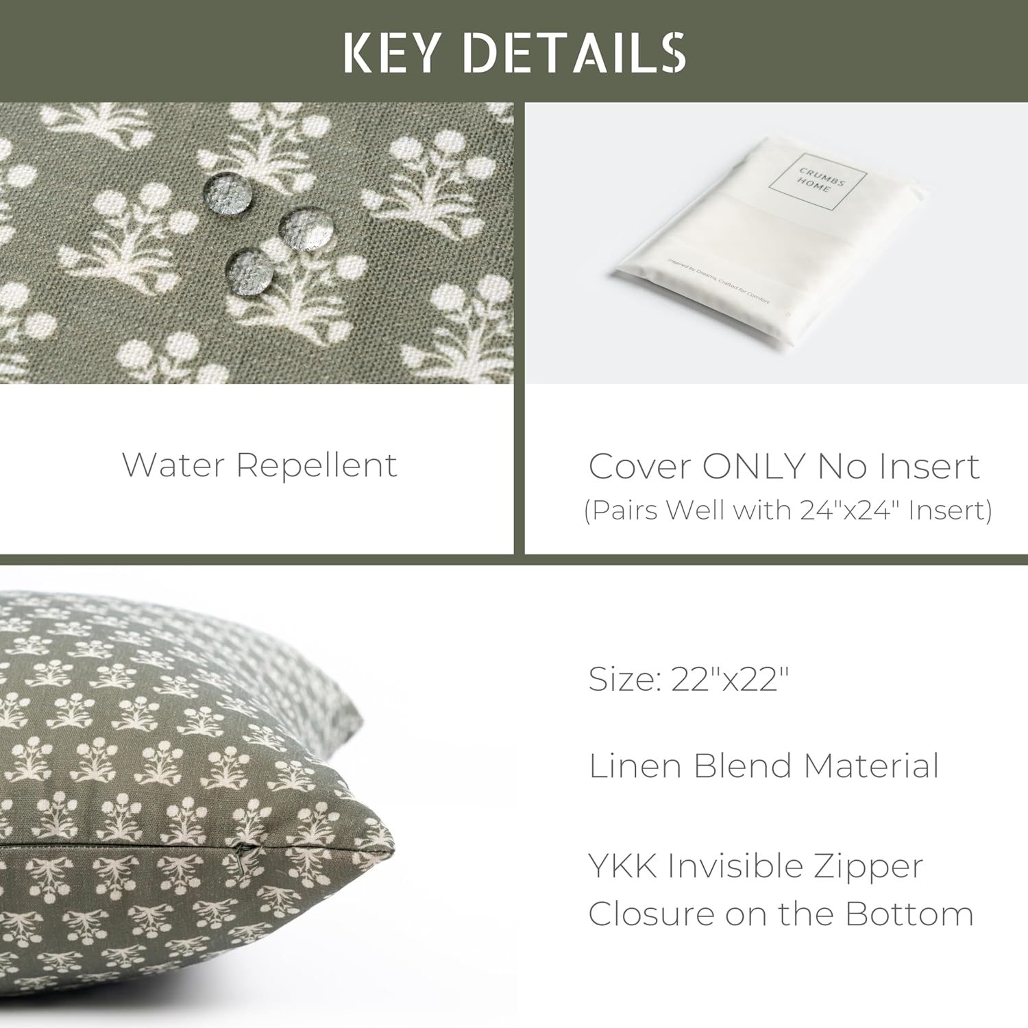 Crumbs Home Modern Farmhouse California Casual Indoor Outdoor Throw Pillow Cover, 22"x22" Water Repellent for Patio, Backyard, Couch, Poolside, Olive Green Block Print Floral