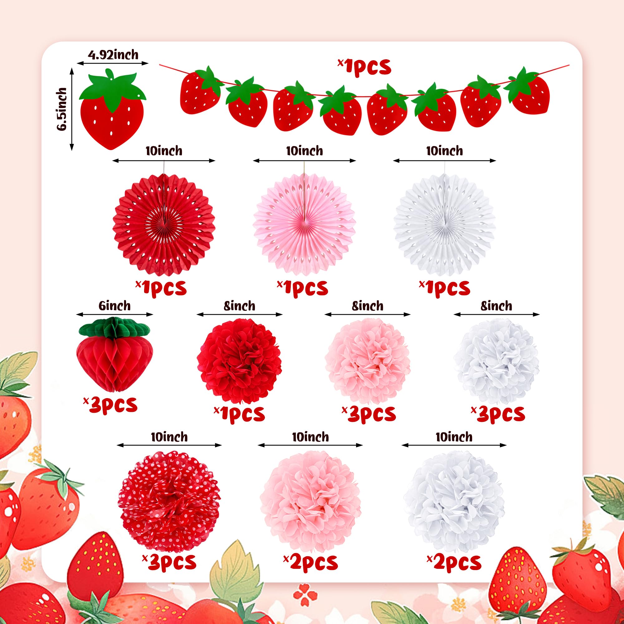 21PCS Strawberry Party Decorations Set Red Pink White Tissue Pom Poms Honeycomb Balls Garland Strawberry Pull Flag Ideal for Birthday Party Bridal and Baby Showers Strawberry Themed Party Supplies