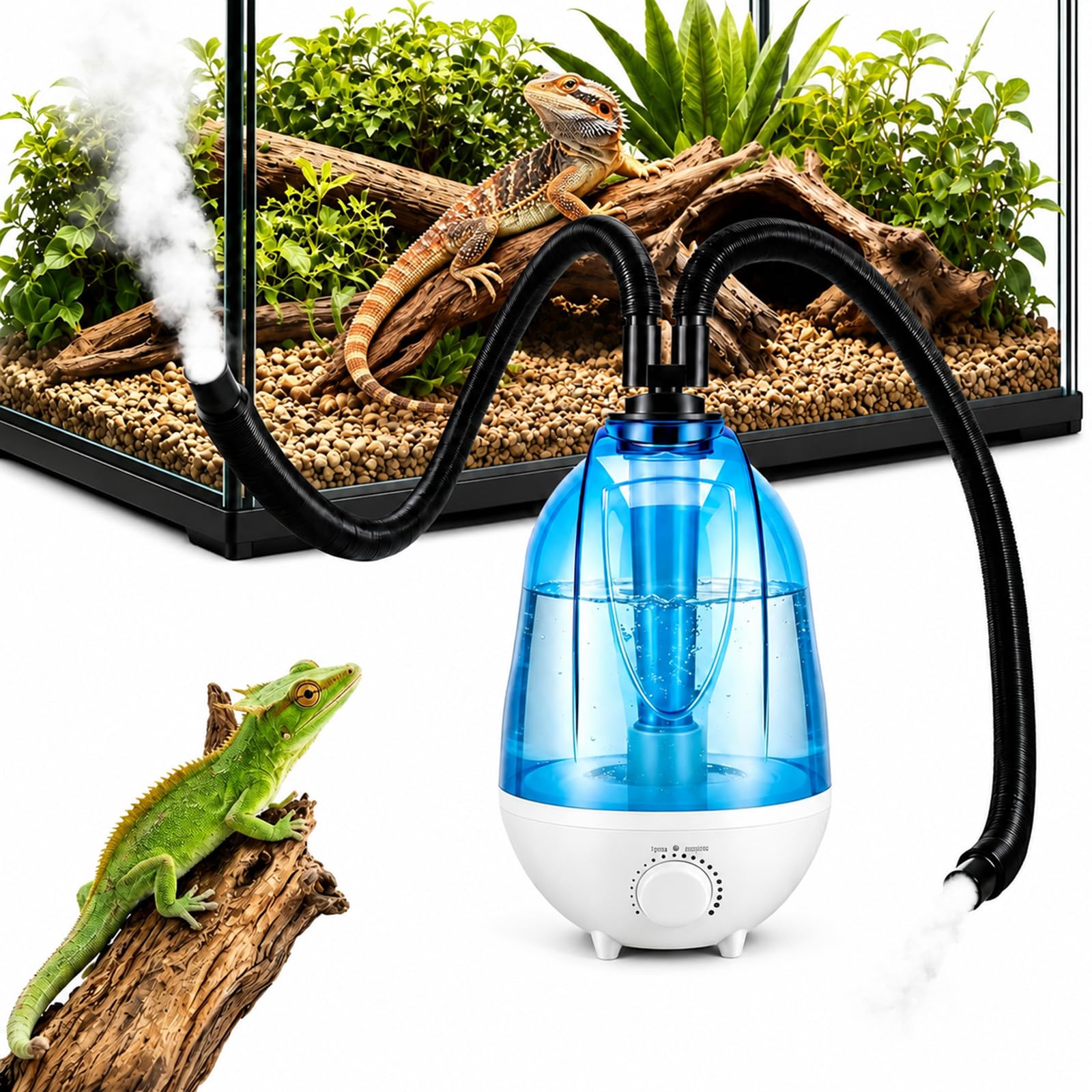 Humidificador Terrario Reptiles, Gran 4L Sistema Riego Terrario 300mL/h, Manguera Ajustable, 7 Colores Luz Nocturna, Protección contra Sequía, Nebulizador Ultrasilencioso con Doble Boquilla