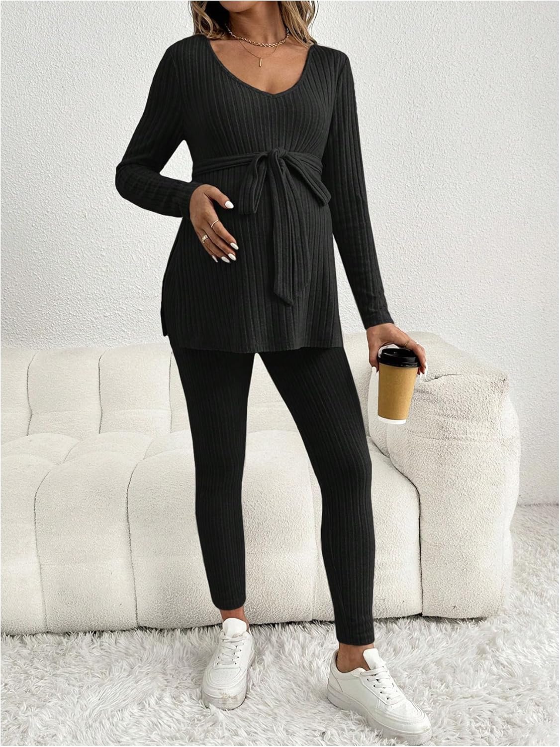 MakeMeChic Women's Maternity Clothes 2 Piece Outfit Long Sleeve V Neck Belted Tops and Leggings Pregnancy Set - Image 5