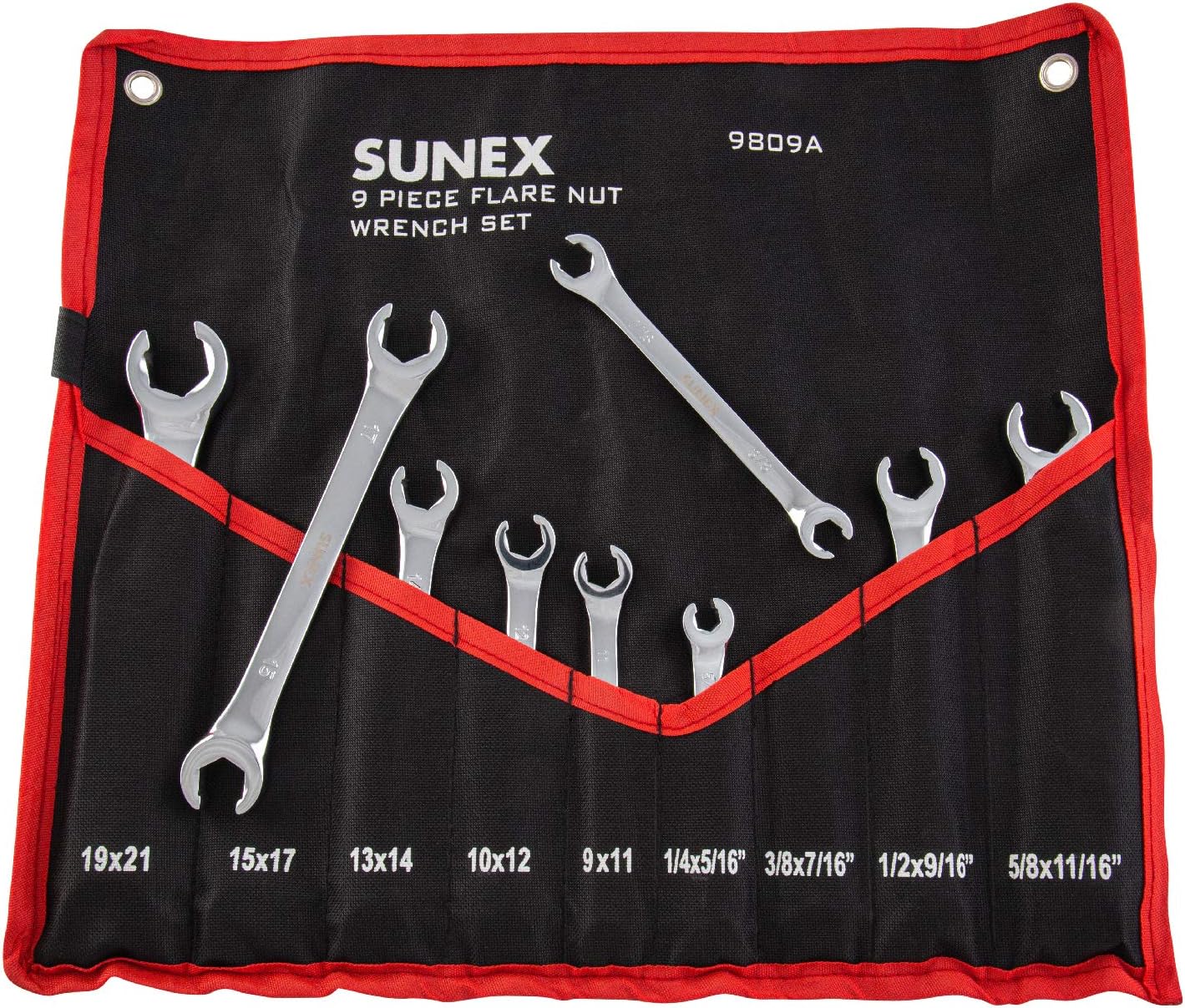 9809A Flare Nut Wrench Set, 1/4"x5/15" - 5/8" - 11/16", 9mm x 11mm - 19mm x 21mm, Fully Polished, 9-Piece (Includes Roll-Case), SAE & Metric