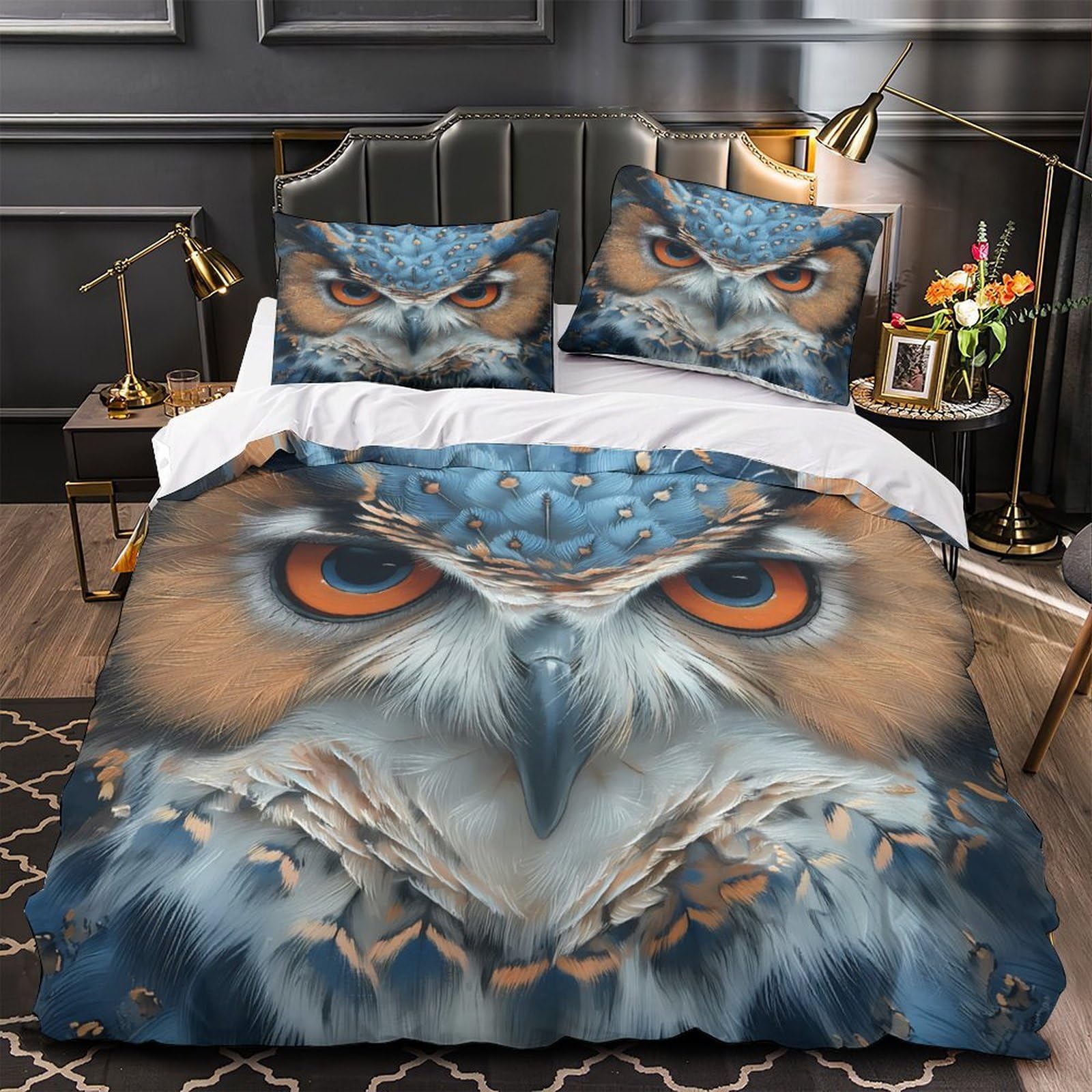 Housse de couette hibou 3D microfibre hypoallergénique pour lit simple
