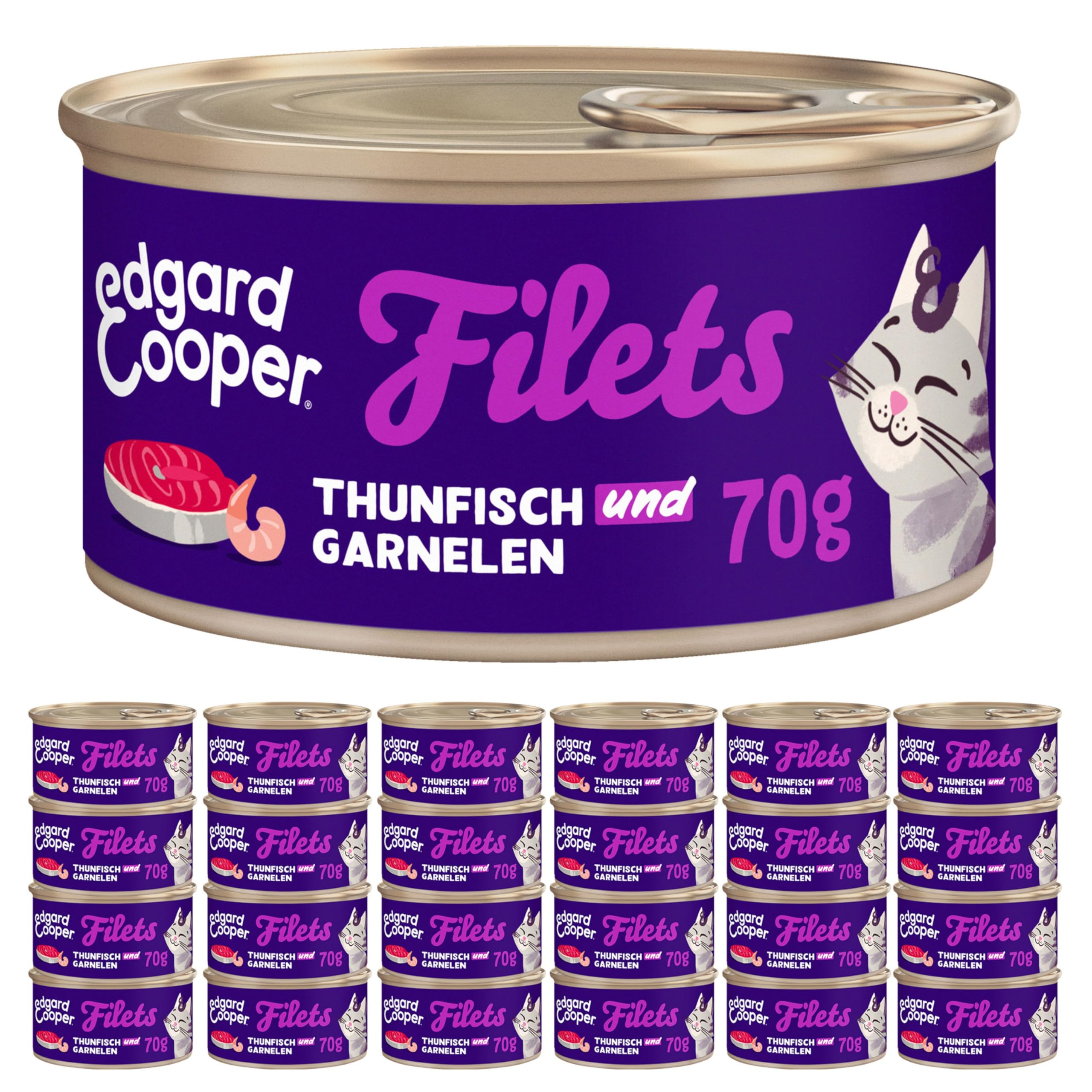 Edgard & Cooper Comida húmeda para Gatos (atún y camarón, 70 g x 24), sin Cereales, filetes para Gatitos, Gatos Adultos y Senior, Pescado Fresco, pienso complementario, Gatos esterilizados y Activos