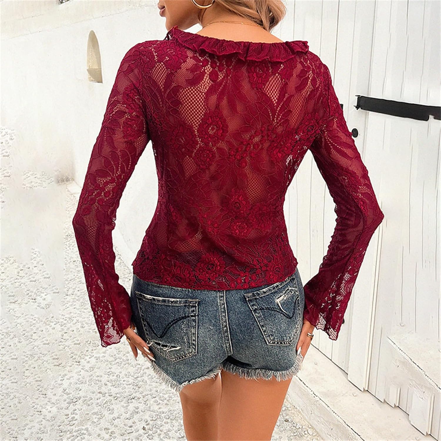 Lace Tops for Women Y2k Sexy Open Front Tie Long Sleeve Ruffle Trim See Through Mesh Crop Top Blouses Streetwear - Image 6