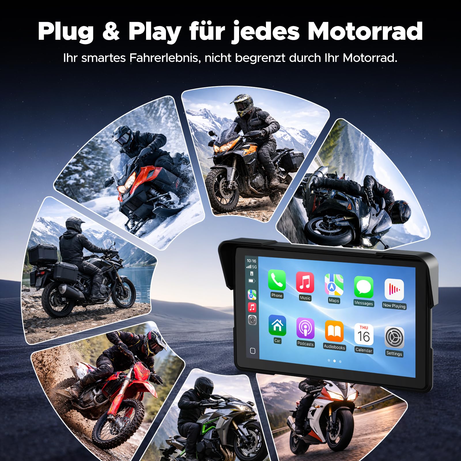 Volam Pantalla Carplay para Motocicleta, CarPlay y Android Auto Inalámbricos, 7 Pulgadas Pantalla Táctil Impermeable IP67 con Navegación GPS, Doble Bluetooth, Asistente de Voz, Plug y Play — view 7