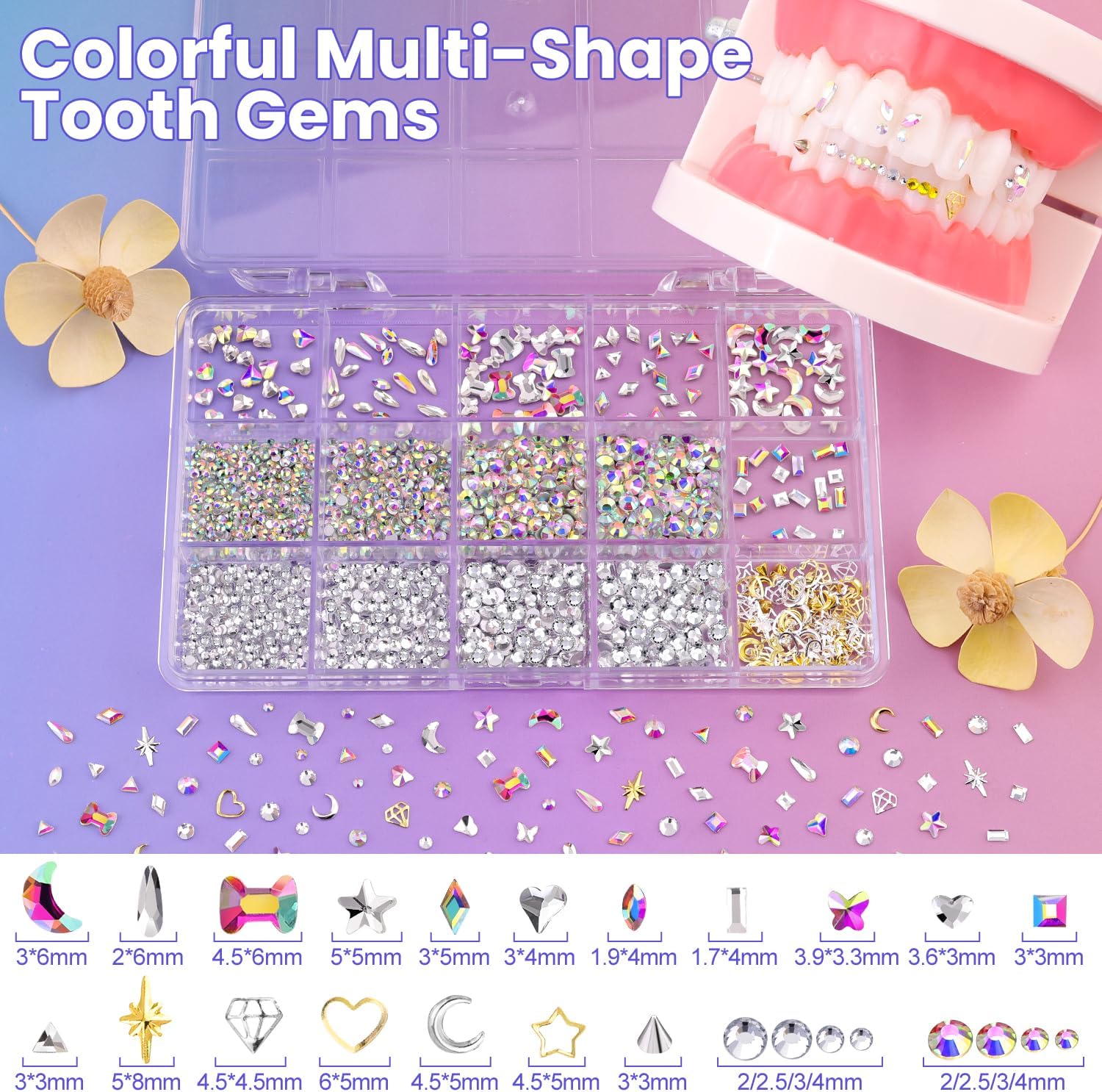 DAZZLEBRITE Tooth Gem Kit, 15 Grids Bedazzling Teeth Gems Kit, Beginners Starter Crystals Teeth Jewelry Gems for Women Men, Tooth Gems Kit for Teeth with Pickup Tool