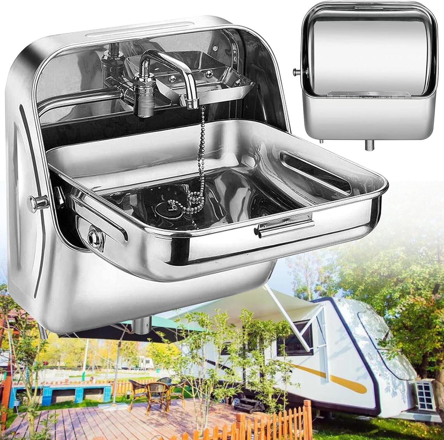 RV Caravan or Boat Stainless Steel Hand Wash Basin Sink with Folded Faucet Camper Trailer Accessories, Wall Mount Small Bathroom Sink