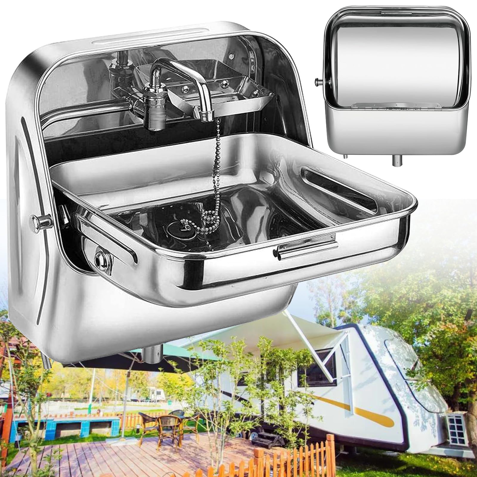 Lavabo de Acero Inoxidable con Grifo Plegable para Caravana o Barco, Accesorio para Remolque de Autocaravana, Lavabo de baño pequeño de Montaje en Pared.