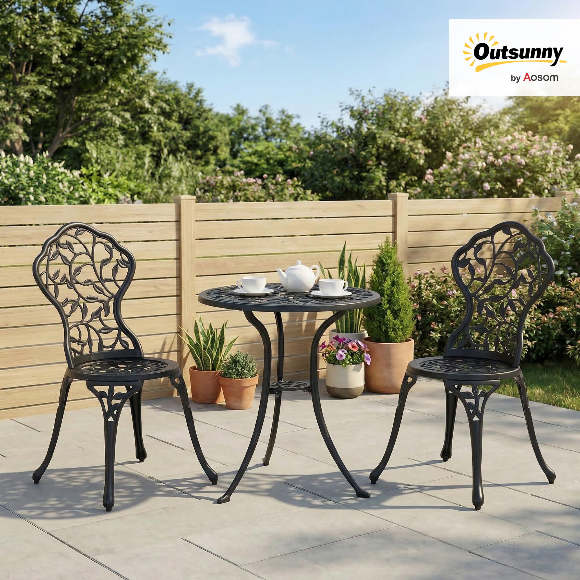 Outsunny Set Bistrò 3 Pezzi con 2 Sedie da Giardino e Tavolino Rotondo, Set Tavolo e Sedie da Giardino in Alluminio, per Patio, Cortile, Esterno, Nero