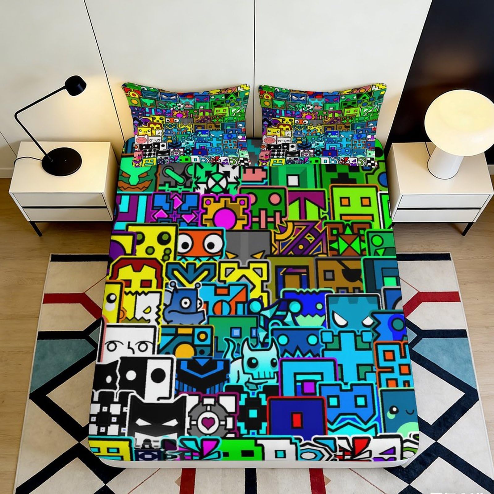 3D Printed Graffiti Pop Art Fitted Sheet Microfiber Bright Geometric Cartoon Mattress Cover for Bedroom Dorm Decor 120x200x25cm