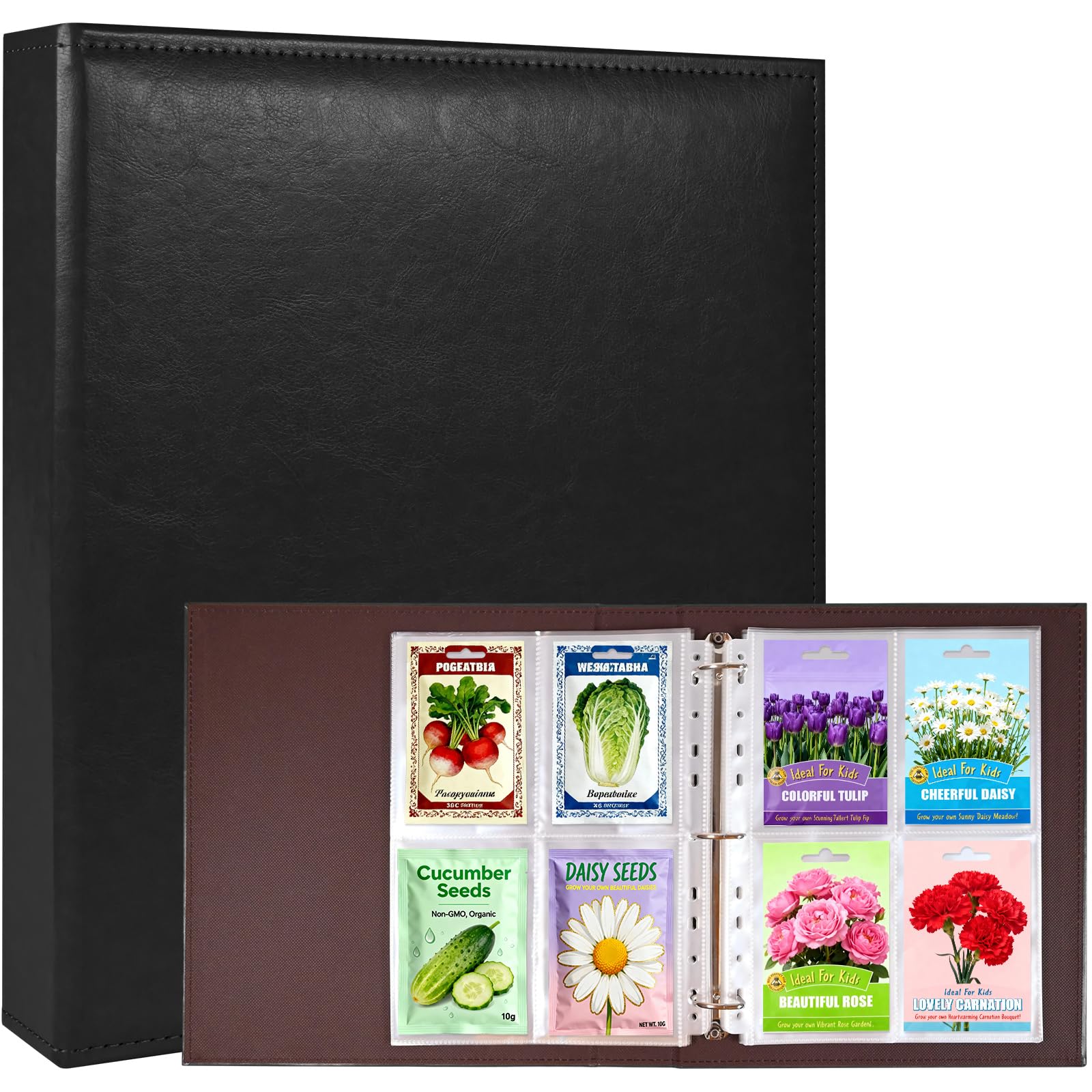 A4 3 Ring Binder Garden Seeds Storage Album with 30 Pcs 3.5x5” Seed Packet Sleeves, PU Leather Hardcover Organization Book for Seed Packet，Photo,