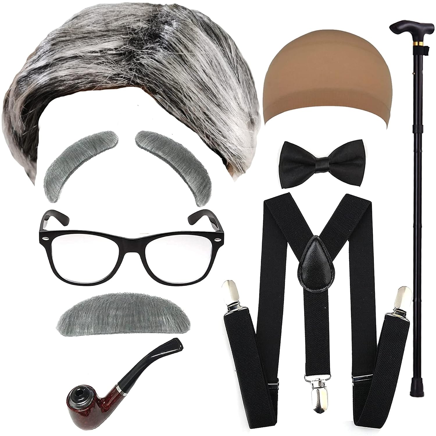 QNPRT Old Man Costume Wig for Kids 100 Days of School Costume for Boys and Adults Men Halloween,Grey