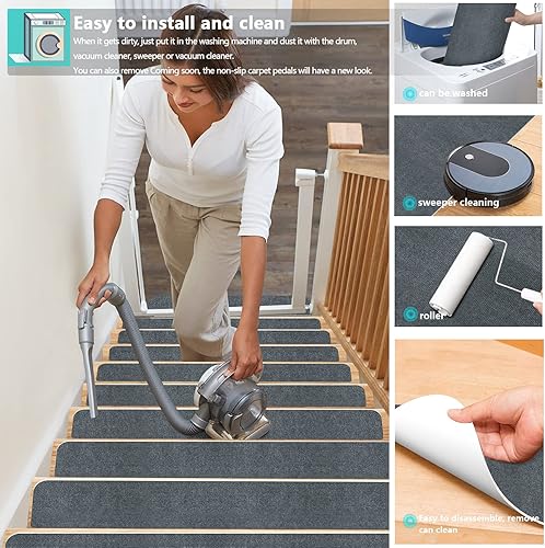 Miniatura 6 de Alfombra antideslizante para escalones de madera, para interiores, alfombra antideslizante para caminos de escaleras, kit de alfombras para ancianos