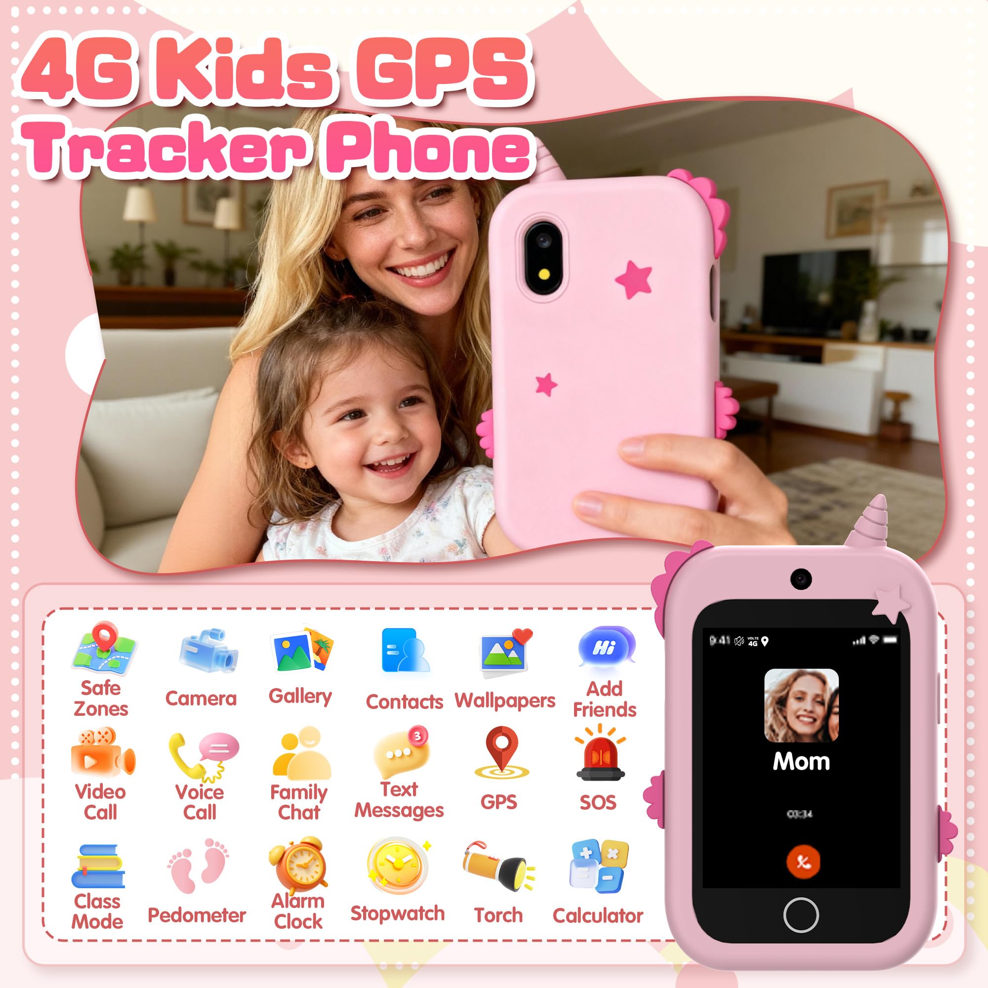 Telefono per Bambini, 4G Telefono Giocattolo per Bambini con GPS Videochiamate Chat Vocale SOS Due Fotocamera Contapassi Modalità scuola Sveglia, Cellulare per Bambini Smartphone Regalo di Compleanno