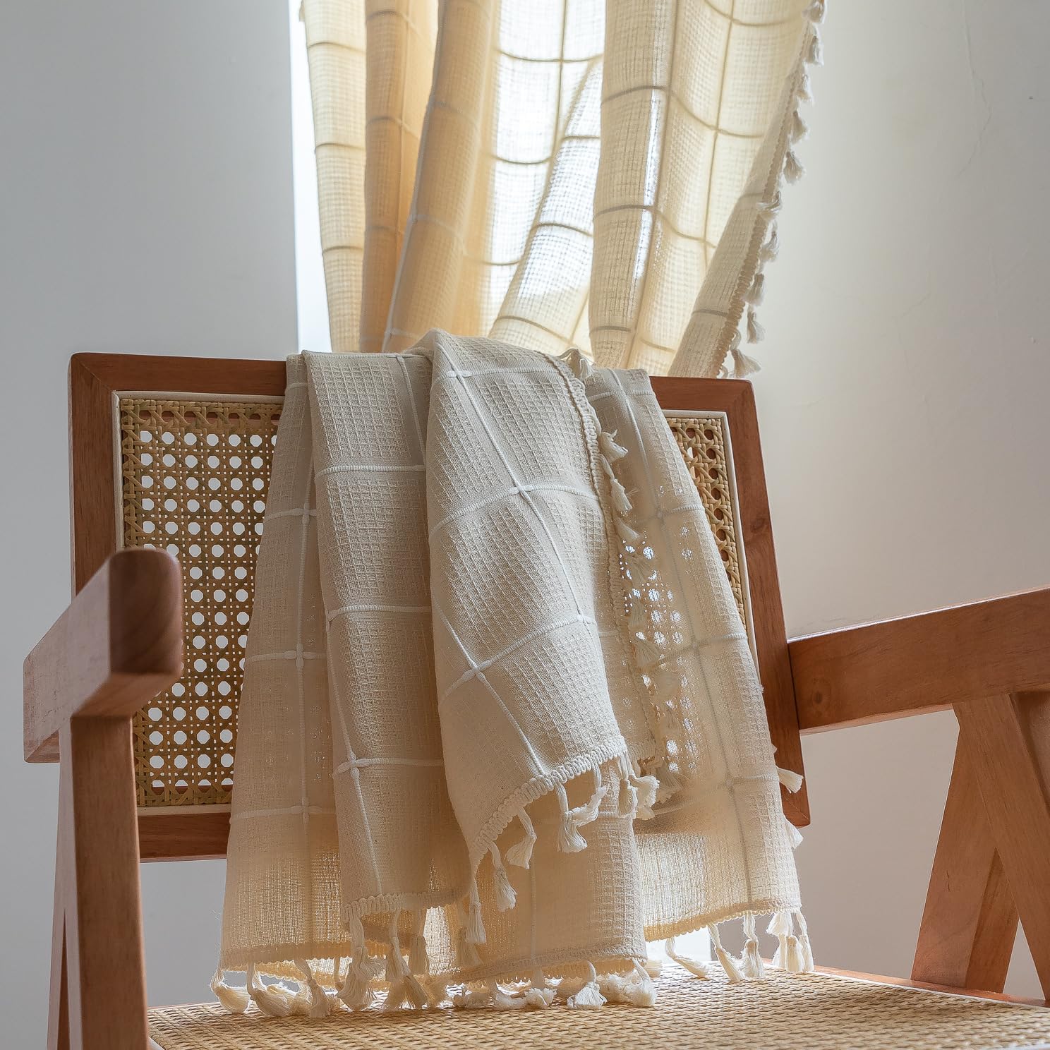 Tende in lino beige con nappe ricamate a griglia, tende vintage in stile country, per camera da letto e soggiorno, 1 pezzo, 132 x 120 cm (larghezza x altezza)