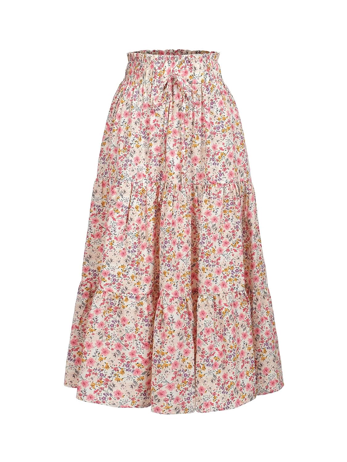 Saia midi feminina cintura alta elástica casual verão na moda gravata frontal rodada babados floral saia evasê DJ626, Rosa floral, P