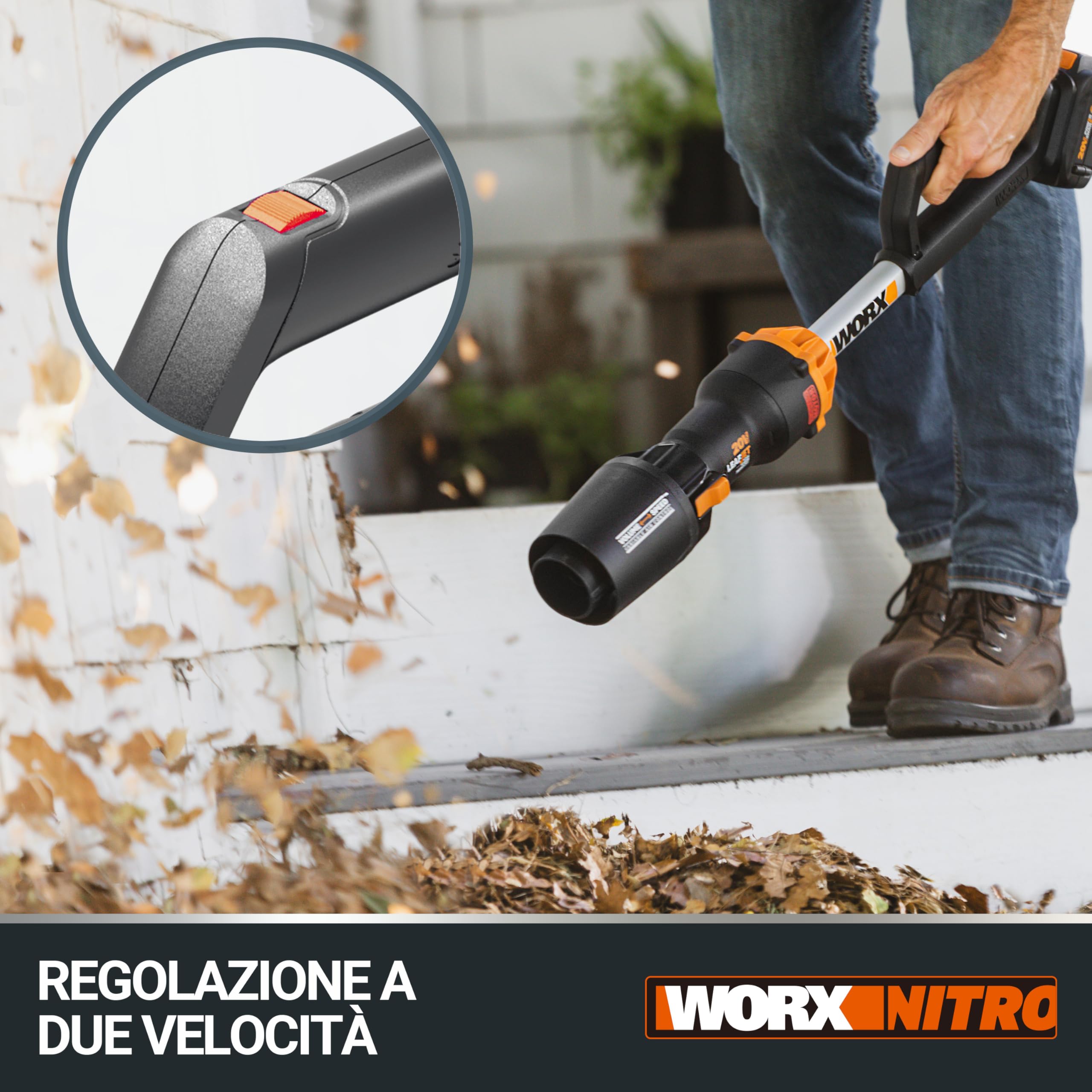 WORX Nitro WG543E.1 - Soffiatore professionale a batteria, 20 V, motore brushless 2.0, max. 209 km/h, 2 livelli di velocità, con batteria PowerShare da 4,0 Ah, caricatore e kit per grondaie GUTTERPRO