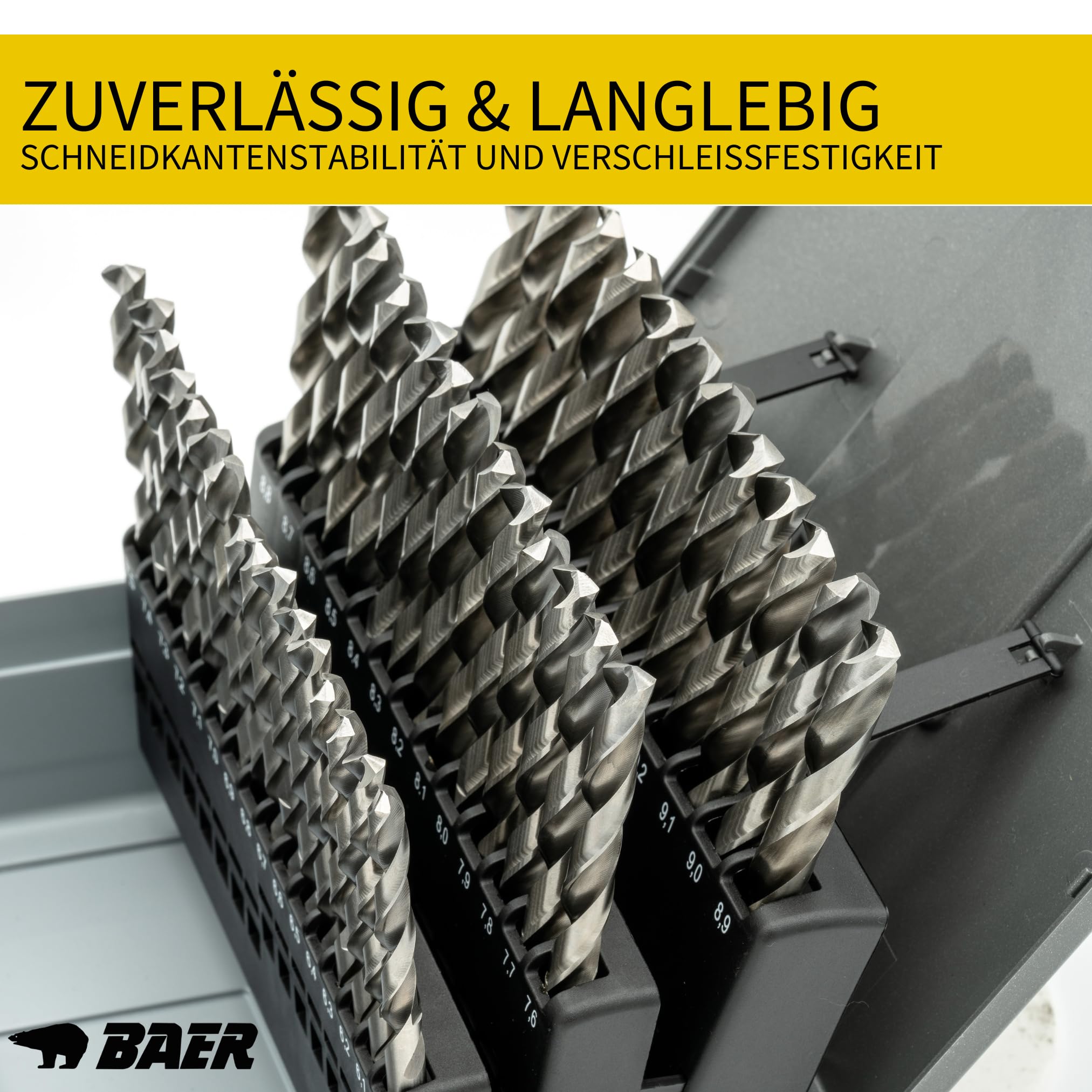 BAER Spiralbohrer Set 6-10 mm | 41-tlg. in 0,1 mm Schritten | HSSG DIN 338 | Metallbohrer Set geschliffen | Bohrerset Metall für Stahl, Guss & Stahlguss | Bohrer Set Metall in bruchsicherer Box
