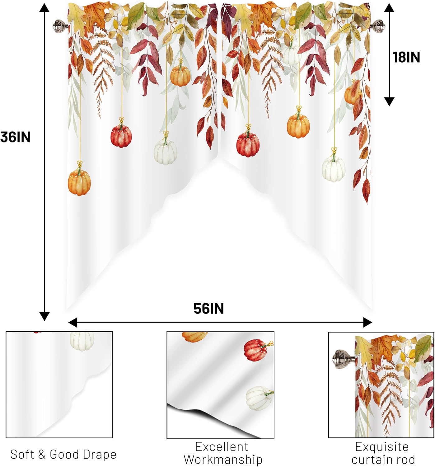 Fall Pumpkin Window Swag Curtains 1 Pair, Window Treatment 28x36 in