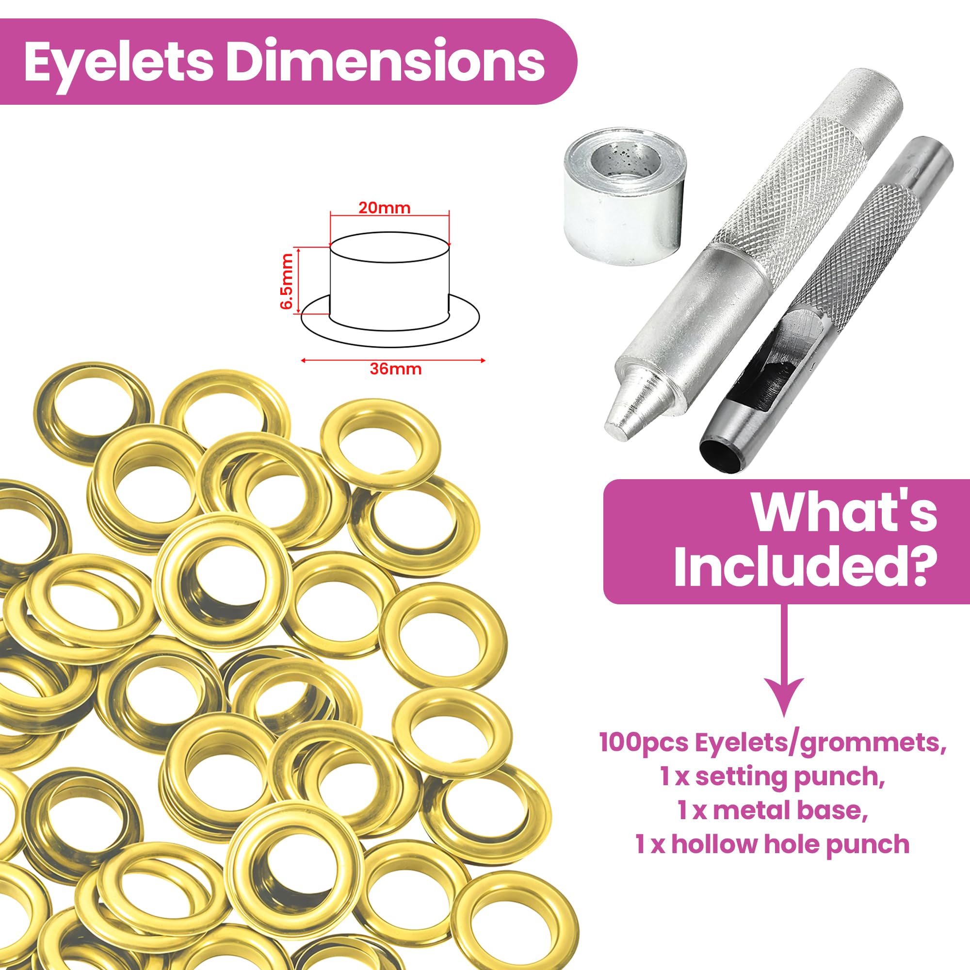 WedDecor Ajuste Ojales Herramientas 100Pcs 20mm Oro Ojales Con 3pcs Herramientas de Mano para Fijación Ojales En Artesanía en Piel, Artes y Manualidades Proyectos, Manualidades, Ropa