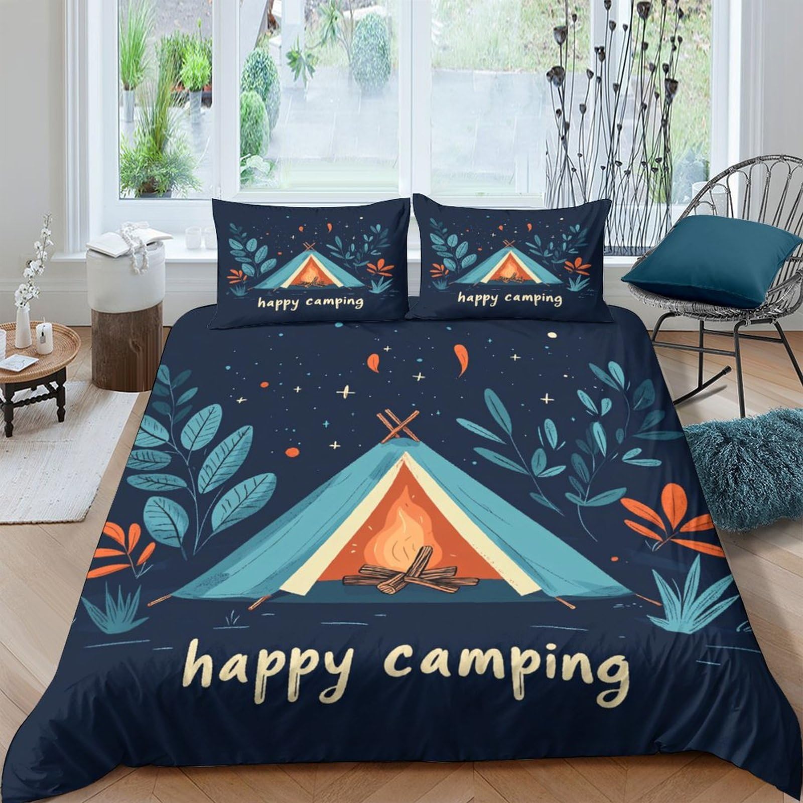 Ctjqhvkz Style-10 3D Printed Camping Tent Fitted Sheet Microfiber Soft Blue Forest Campfire Bed Cover For Bedroom Guest Room Decoration Single（135X200cm）