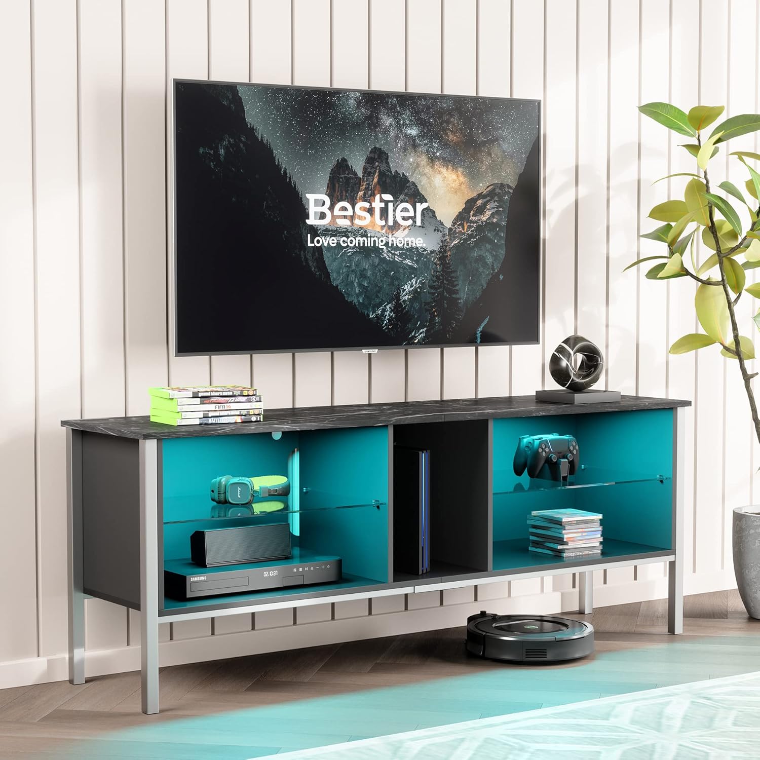 Bestier Gaming Entertainment Center TV Stand for 50” tv,20 Color LED Modern TV Console Television Media Stands,TV Cabinet with Storage Drawers and Shelves for Living Bedroom Furniture Black : Home & Kitchen
