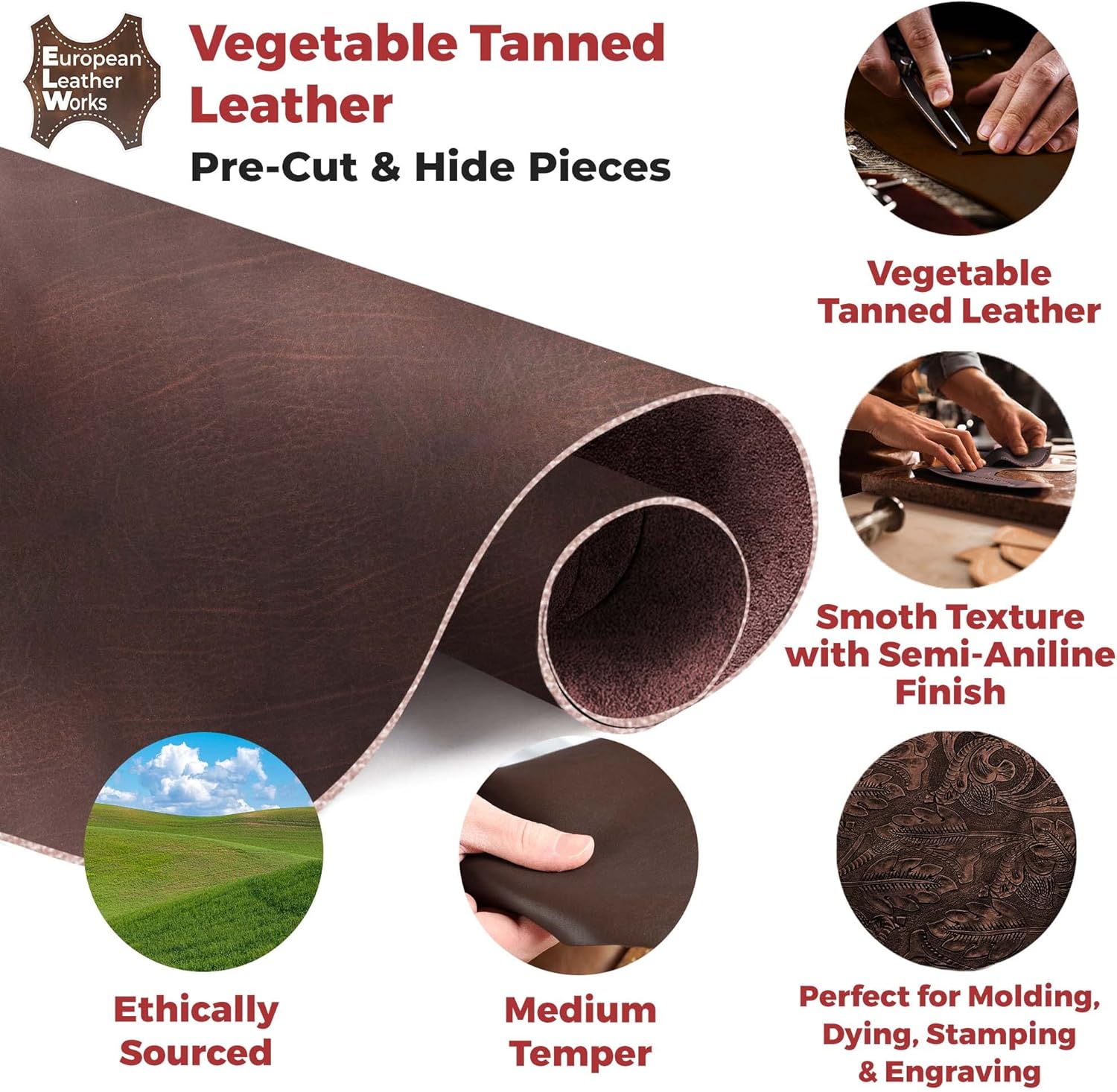 ELW Genuine Leather Vegetable Tanned 8-9 oz. (3.2-3.6mm) Size 10"x10" in Distressed Brown Full Grain Veg Tan Leather AB Grade Cowhide, Heavy Weight, Tooling, Carving, DIY, Holster, Stamping