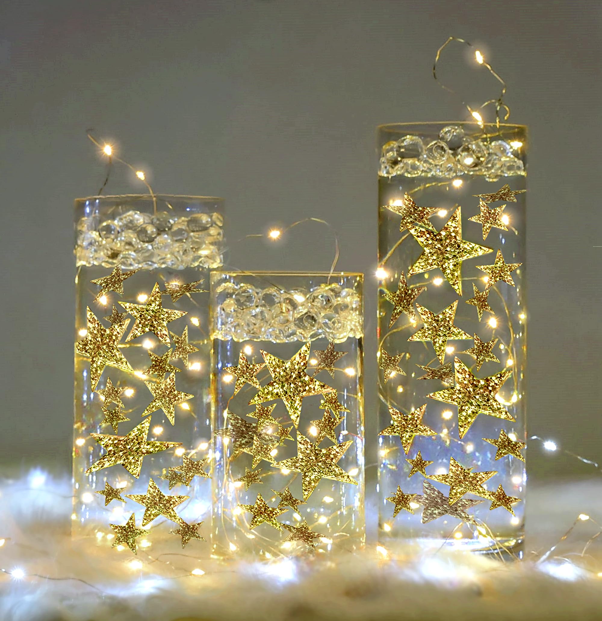 Vase Pearlfection 50 Gold Floating Stars- Large Sizes- Resin- Fills 1 Gallon of The Floating Transparent Water Gels- with Most Transparent Gels and Prep Bag for Best Results!