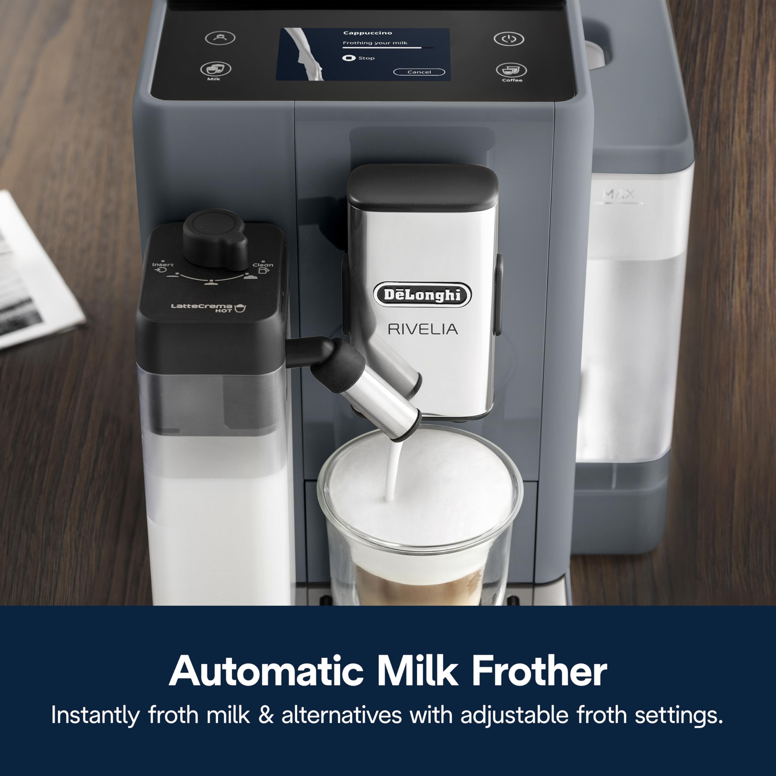 De'Longhi Rivelia Automatic Espresso Machine with Grinder & Milk Frother – All-in-One Coffee Maker, Hot & Iced Latte, Cappuccino, Bean Switch System, Burr Grinder, Compact Italian Design, Pebble Gray - 5