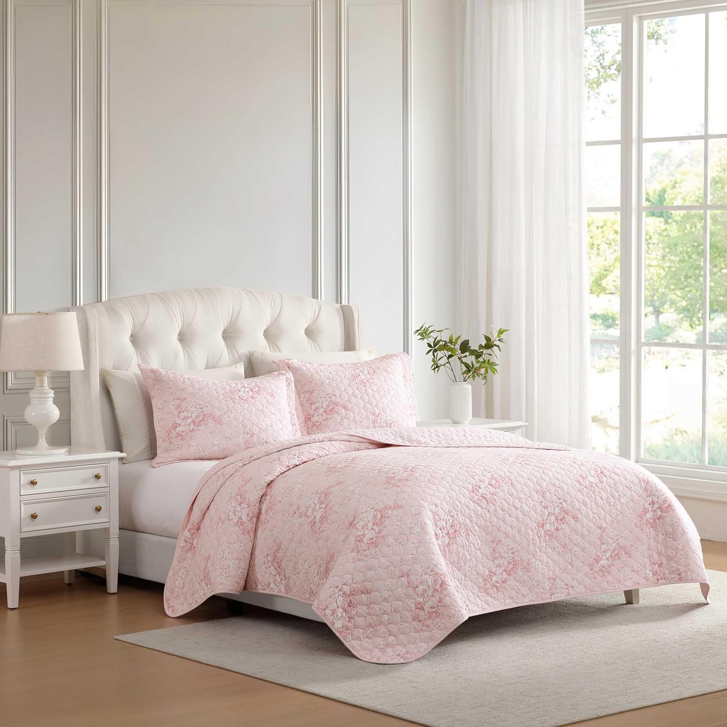 Laura Ashley - Twin Quilt Set, 100% Soft Cotton Bed Set for Year Round Comfort, 2 Piece Floral Bedding with Matching Pillowcase (Toile Delightful Pink)