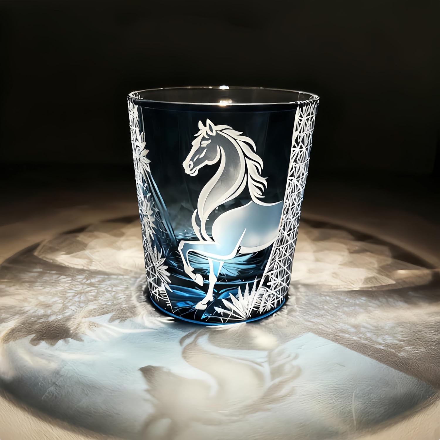 suigetsu Edo Kiriko Crystal Whiskey Glass, Hand-Cut Eagle Design, Blue Tinted Glass, Traditional Japanese Style, Luxury Cocktail Tumbler (Horse)