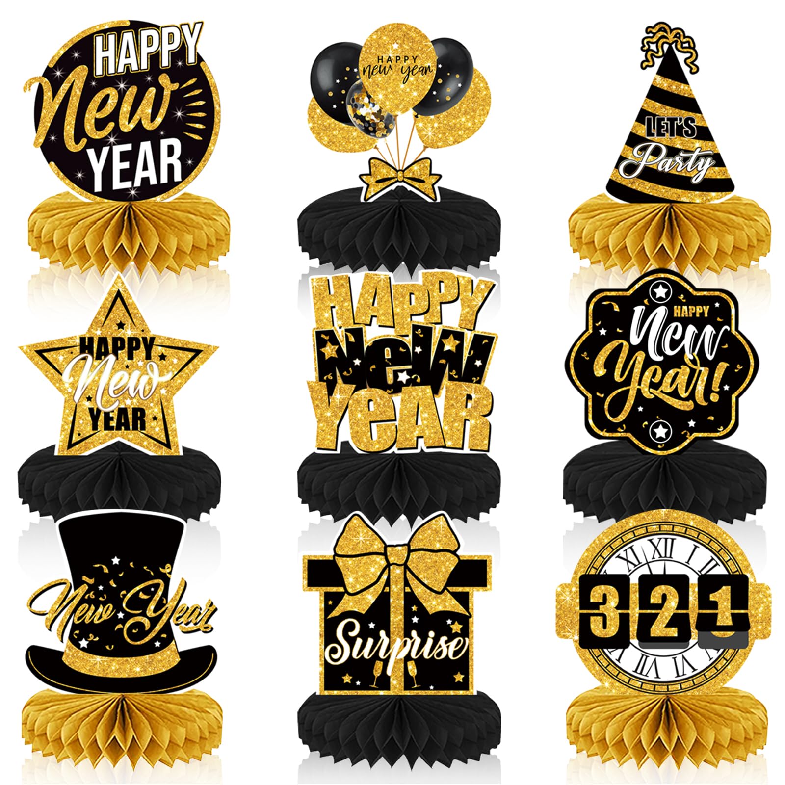 ALIBBON 9 Pcs 2025 New Year Honeycomb Centerpieces, Black Gold New Year Table Decorations Table Toppers, New Year Table Signs for New Year Holiday Favor Supplies New Year Party Decorations