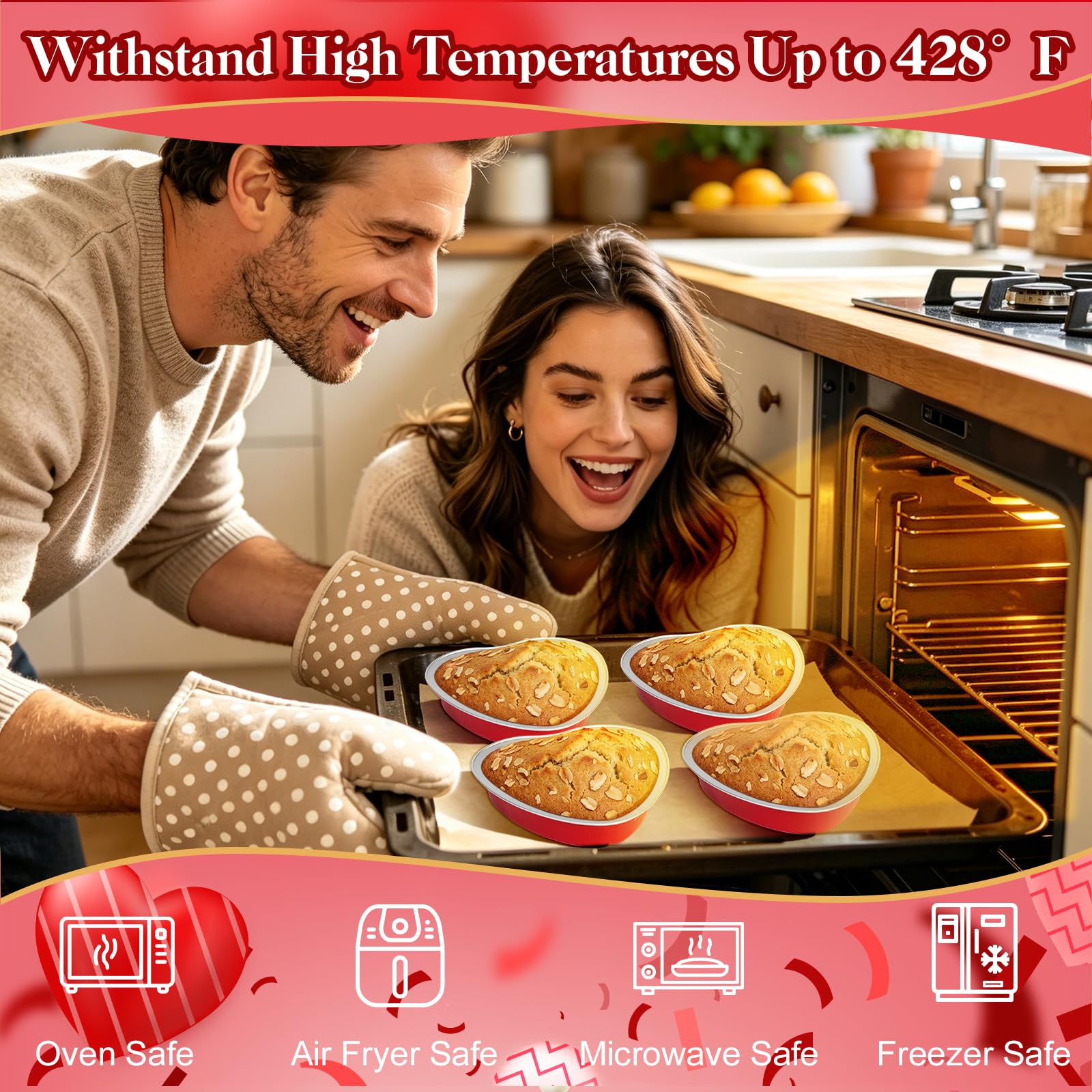 Lot de 25 mini moules à gâteau jetables en aluminium en forme de cœur avec couvercles, moules à muffins, moules à muffins, cupcakes - Rouge
