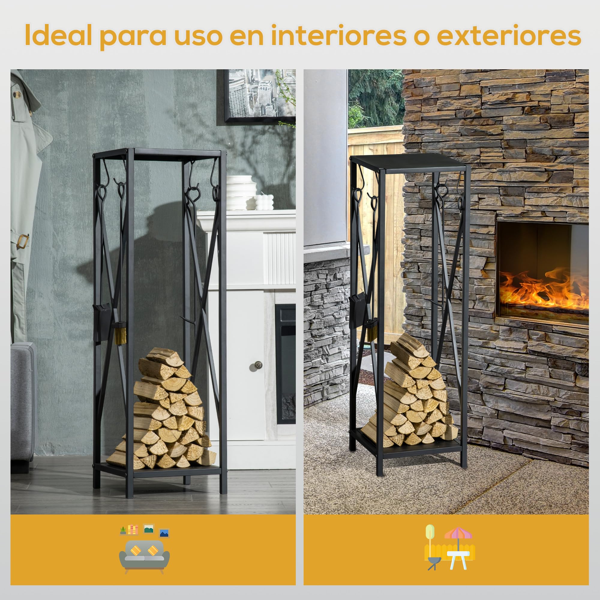 Outsunny Soporte para Leña Estante de Leña Metálico Leñero de Exterior con Ganchos Pala Cepillo Atizador y Tenazas Carga 65 kg para Interior y Exterior 34x34x111 cm Negro