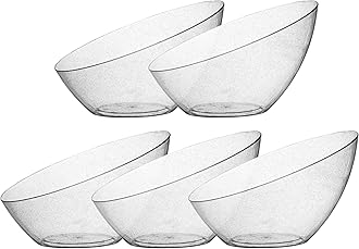 Posh Setting - Silver Plastic Serving Bowls for Party Angled Bowls Disposable Chip Bowls Candy Bowls for Party Table Salad and Fruit Bowls for Party Wedding Serving Bowls-Silver Glitter, 54 OZ, 5 Pack