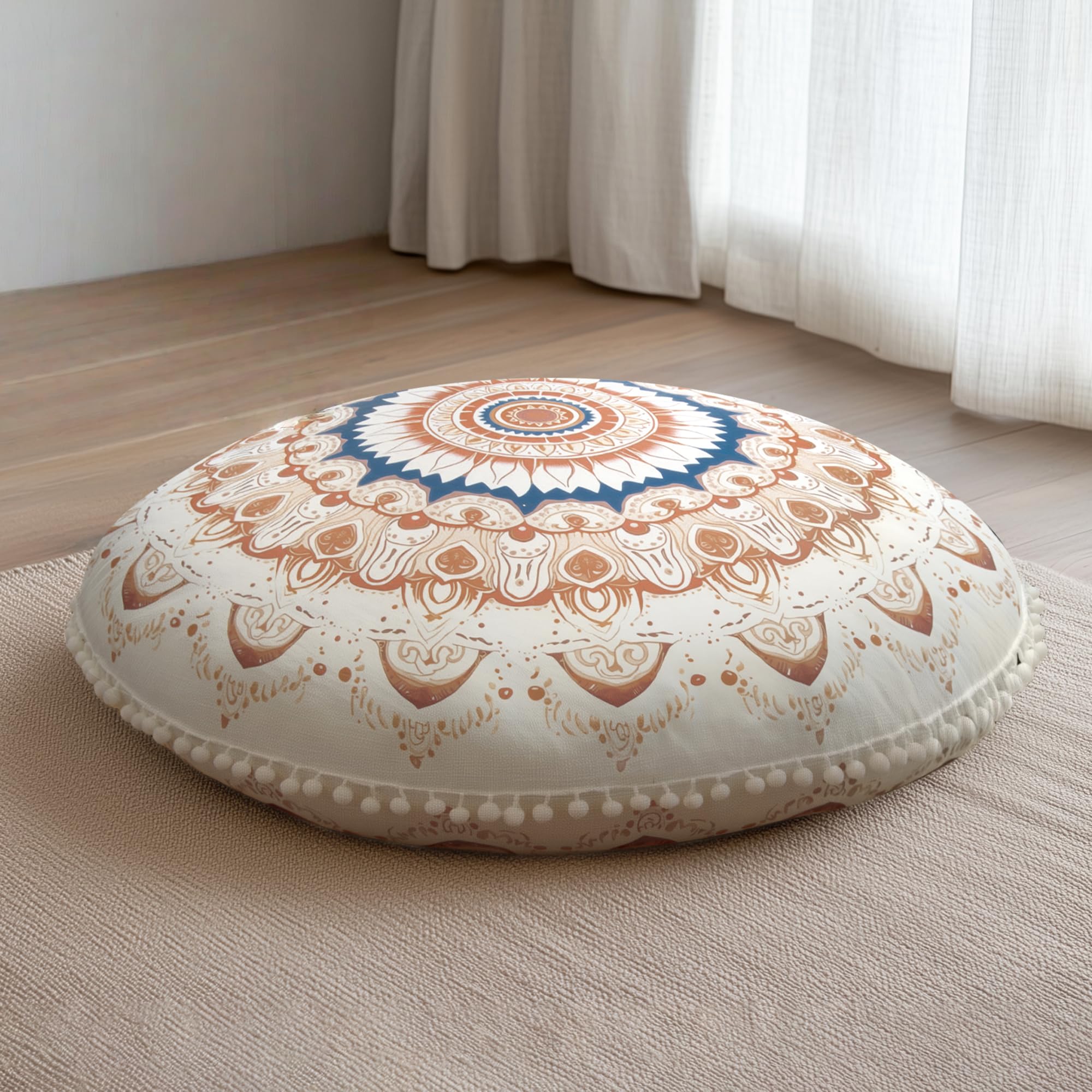 Cojín de Meditación Redondos, Almohada de Suelo con Funda Extraíble y Lavable, 80 cm Cojín de Yoga Ergonómico con Detalles de Pompones, Uso Interior/Exterior, marrón