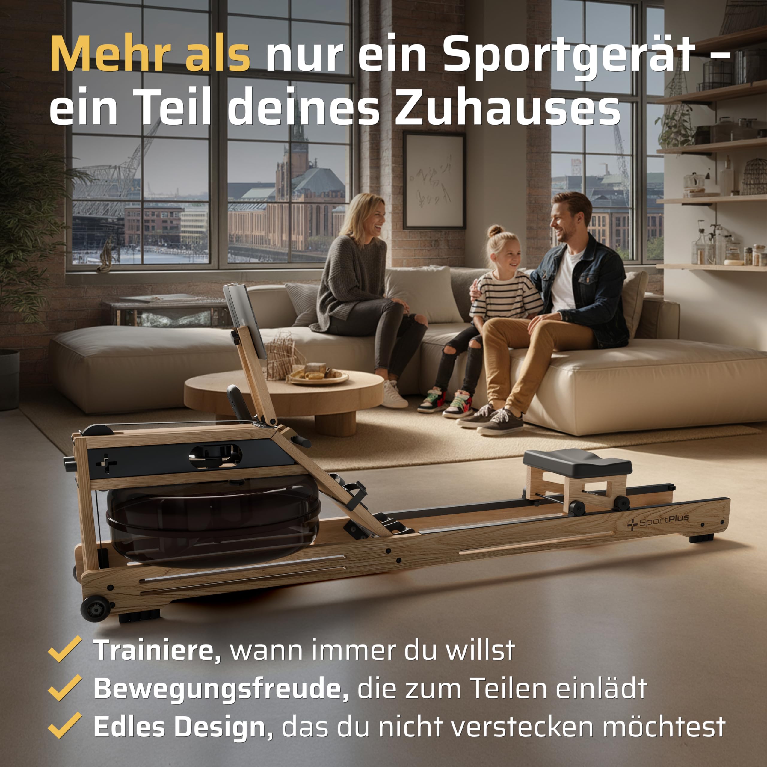 SportPlus Rudergerät für Zuhause Wasser - Wasserrudergerät Designed in Germany - Rudergerät Wasser klappbar Robustes Eichenholz - Premium Rudermaschine Holz bis 180 kg & 200 cm