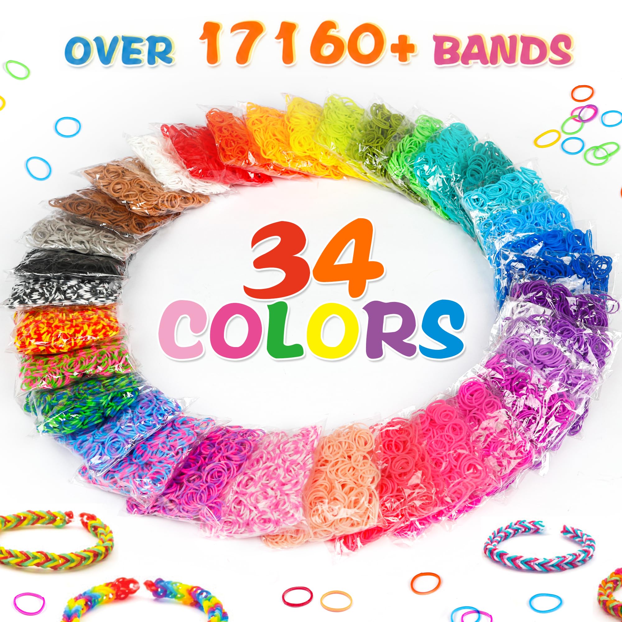 INSCRAFT 17160+ Kit di ricarica per elastici in 34 colori con 600 clip, 6 ganci, 1 istruzioni (lingua italiana non garantita), kit fai da te per la creazione di braccialetti fai da te, ottimo regalo