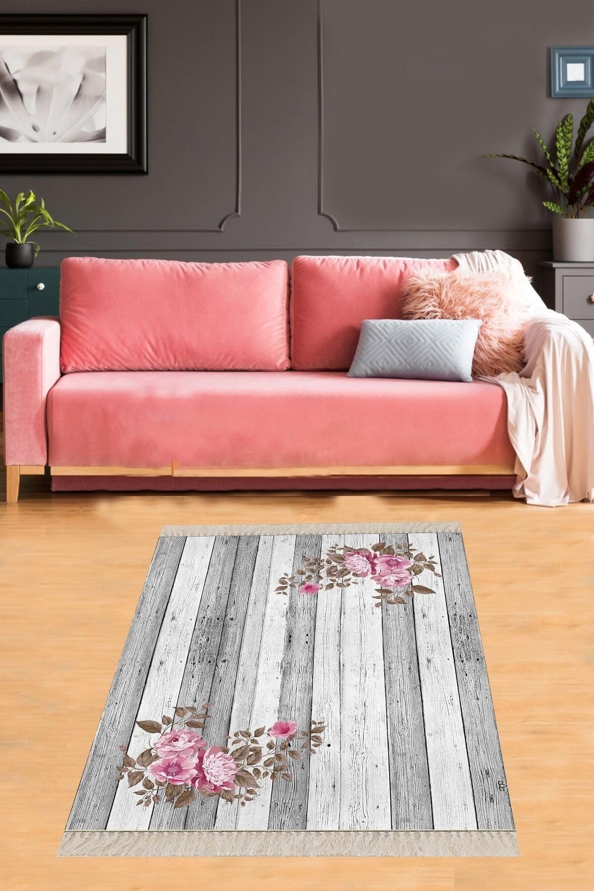 Pelangi Ahşap Desenli Çiçekli Dijital Baskı Yıkanabilir Kaymaz Taban Leke Tutmaz Vintage Salon Halısı Yolluk, Gri-Pembe 160 x 230
