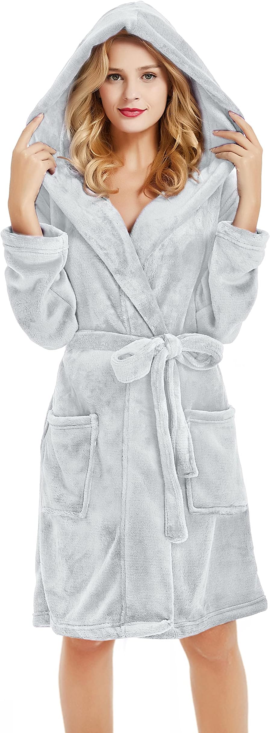 Women Hooded Fleece Robe, Short Plush Robes for Womens With Hood Soft Warm Spa Bathrobe