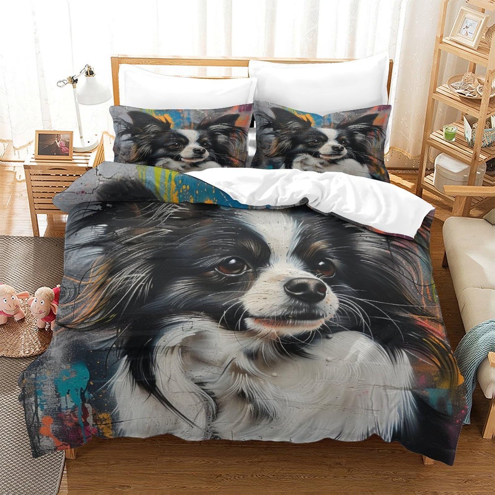 Parure de couette chien poméranien microfibre super douce respirante 3 pièces lit 260x220 cm