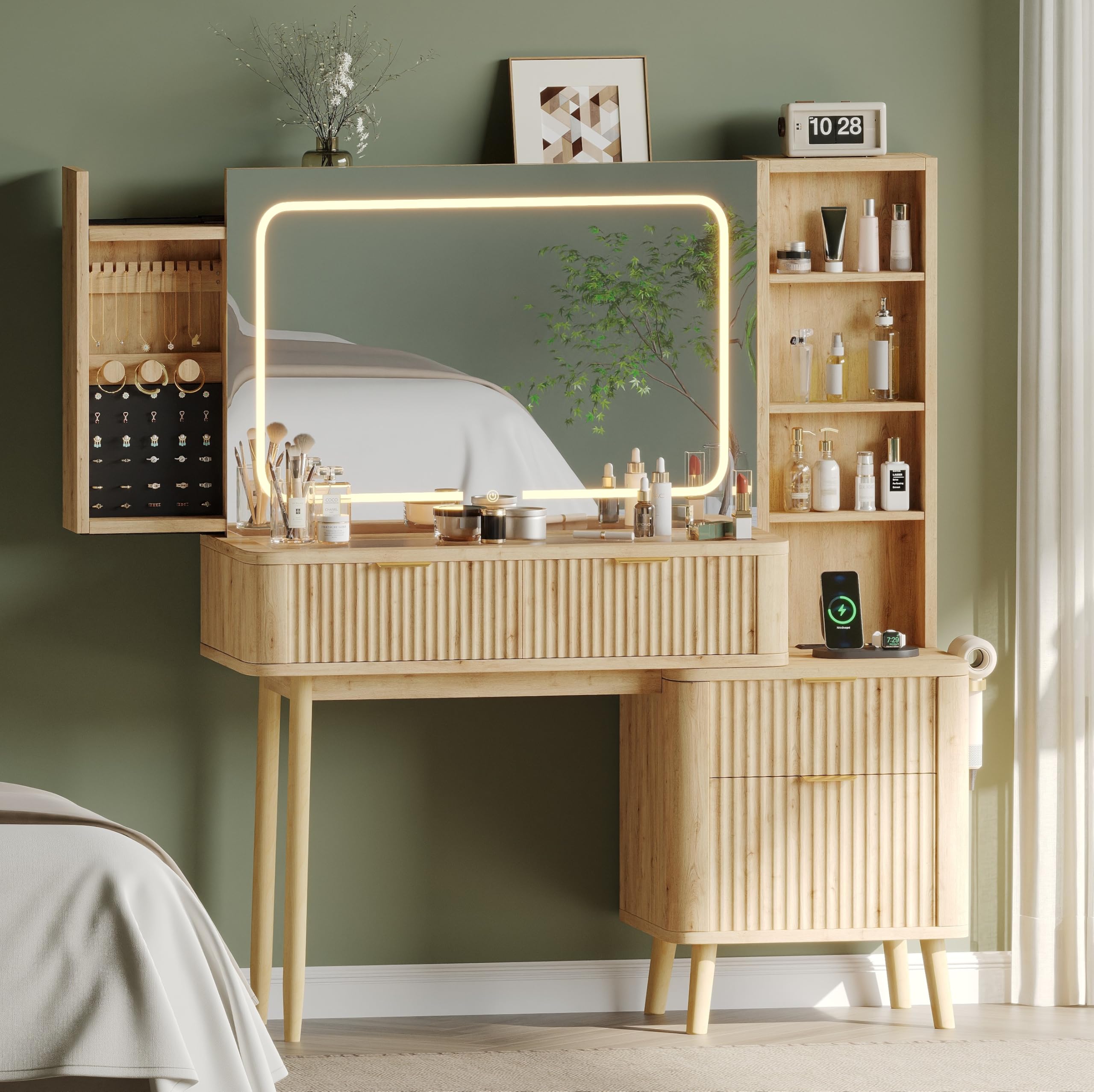 ENSTVER Wood Vanity with Clear Glass Top, 48" Makeup Vanity Desk with Large Mirror and Lights, Fluted Wooden Vanity Wall-Mounted Jewelry Storage for Bedroom, Oak